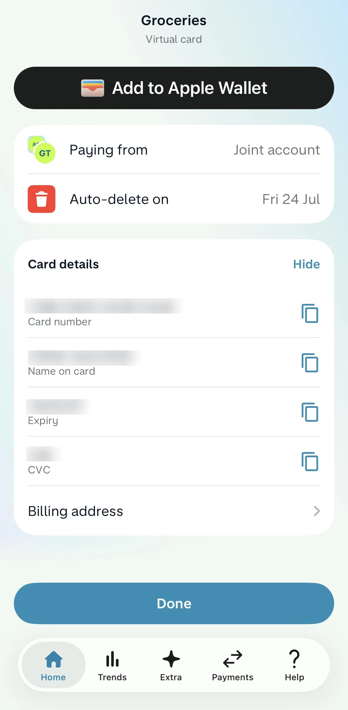 Monzo Screen screen in the Copying card number flow