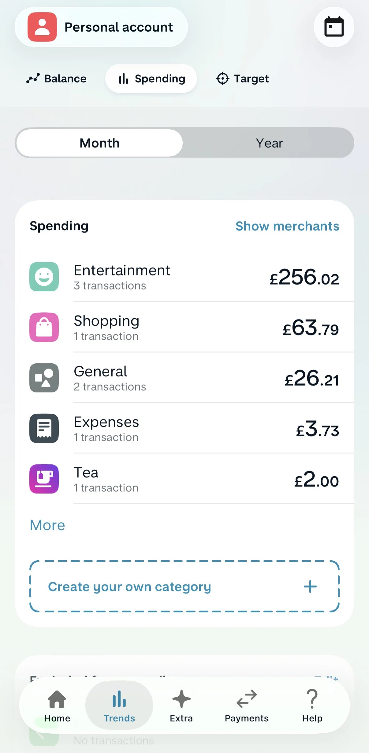 Monzo Screen screen in the Creating a category flow