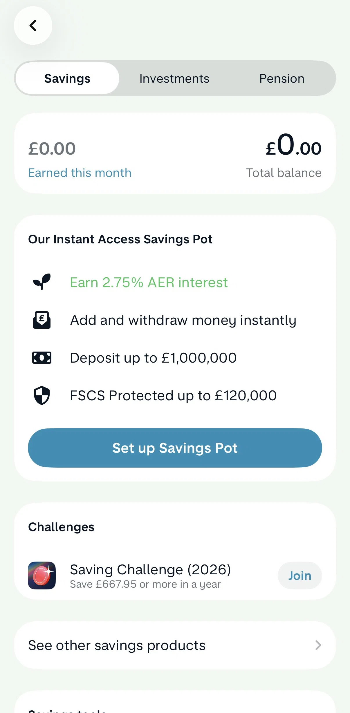 Monzo Screen screen in the Creating a pot (savings) flow