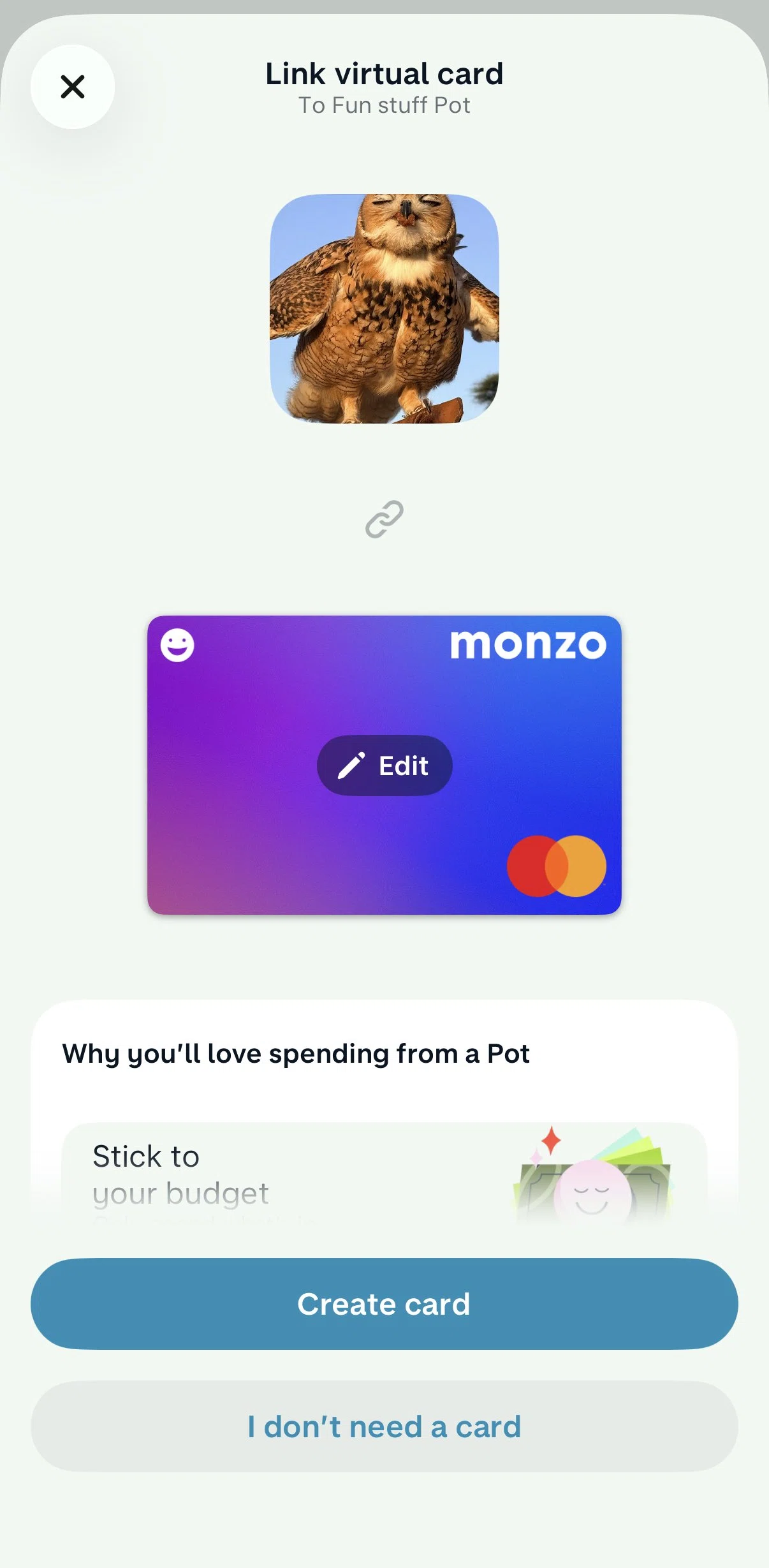 Monzo Screen screen in the Creating a virtual card (Pots) flow