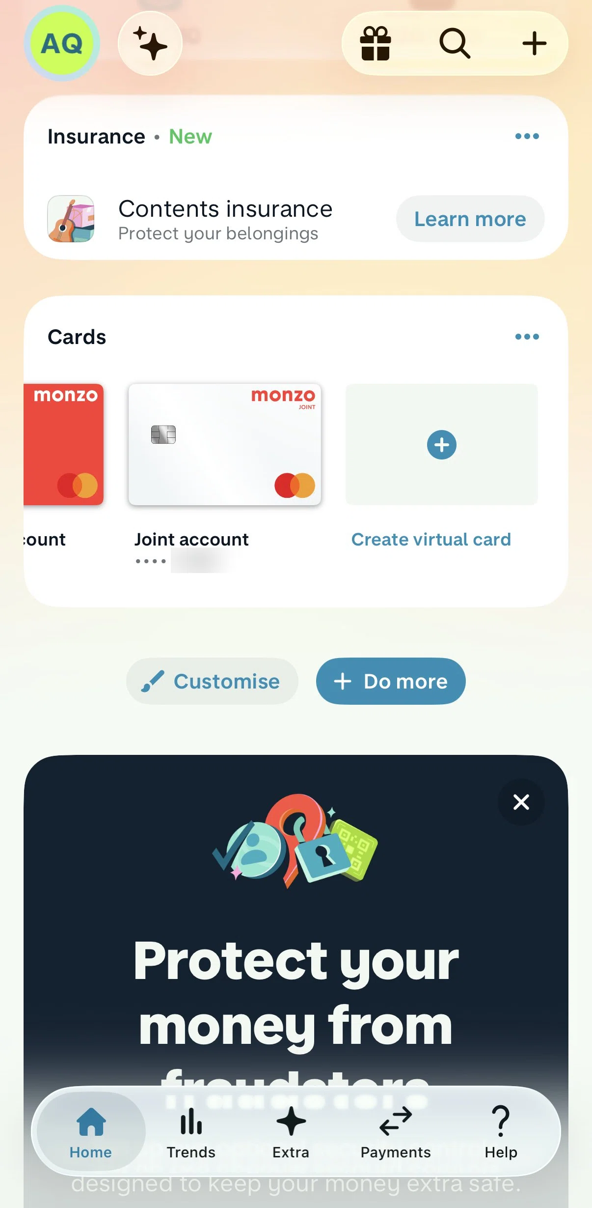 Monzo Screen screen in the Creating a virtual card flow