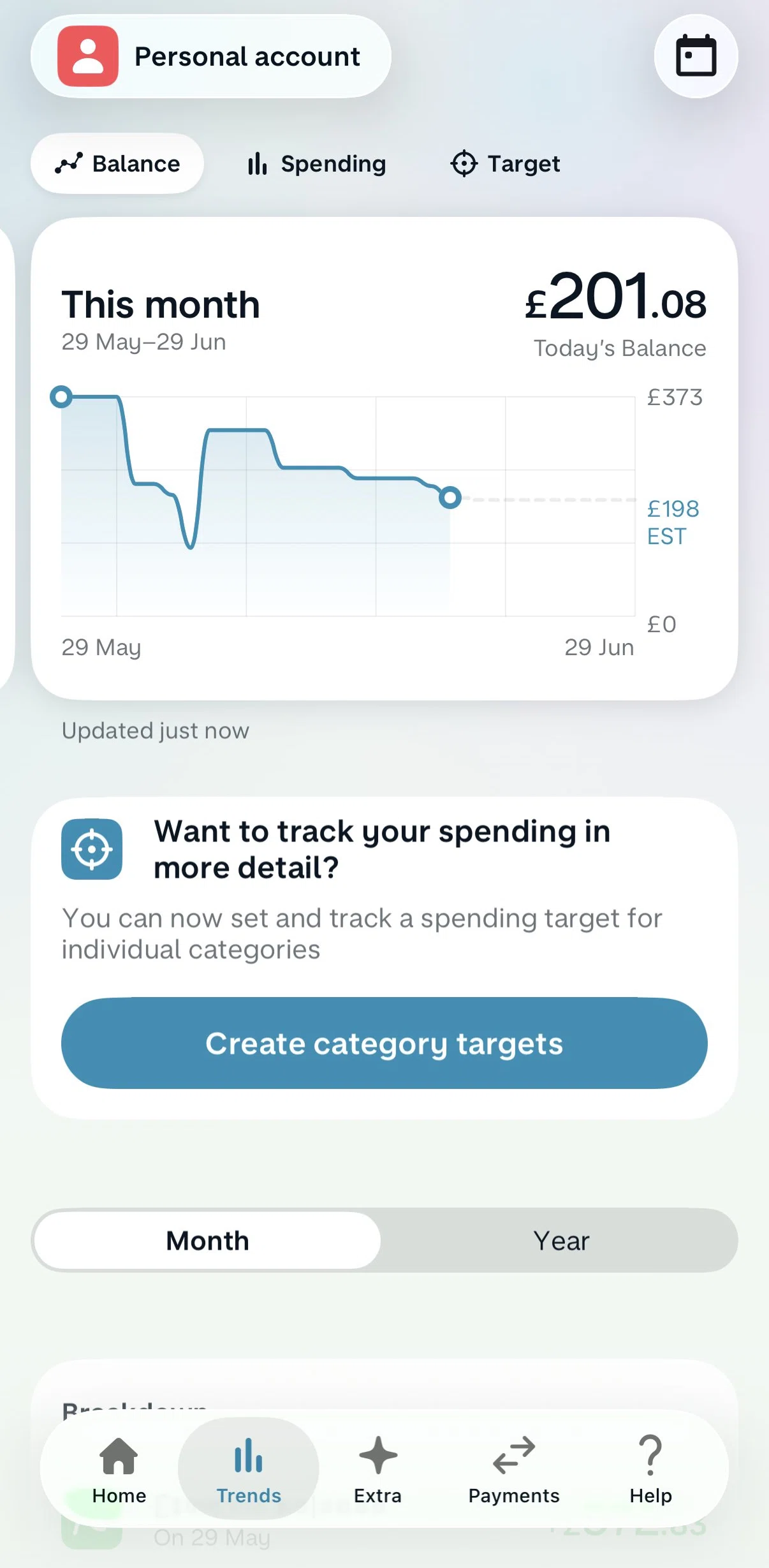 Monzo Screen screen in the Creating category targets flow