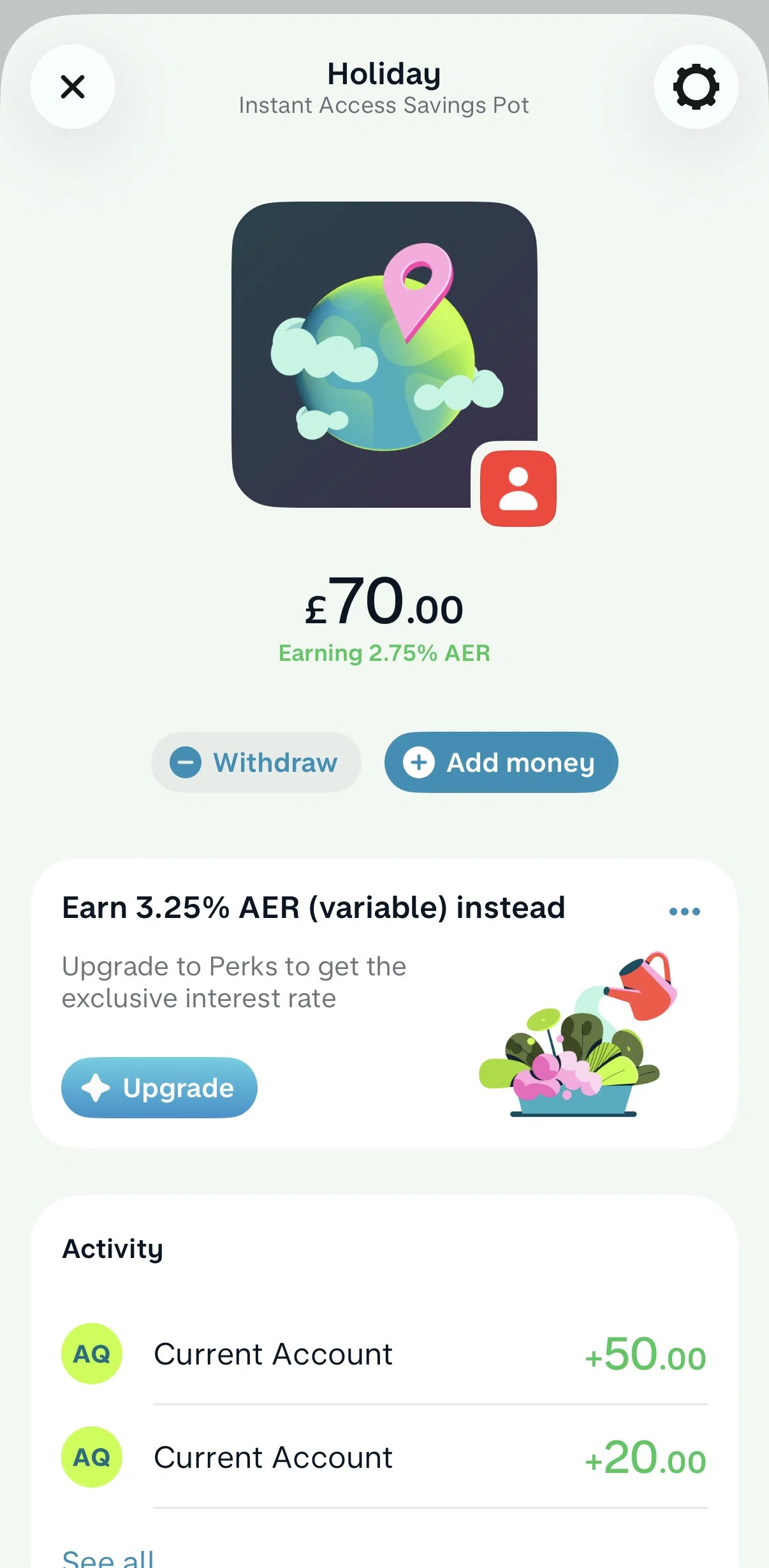 Monzo Screen screen in the Editing a savings pot flow