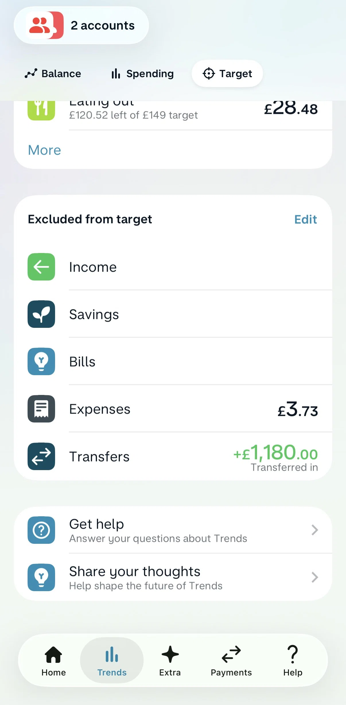 Monzo Screen screen in the Excluded from target flow