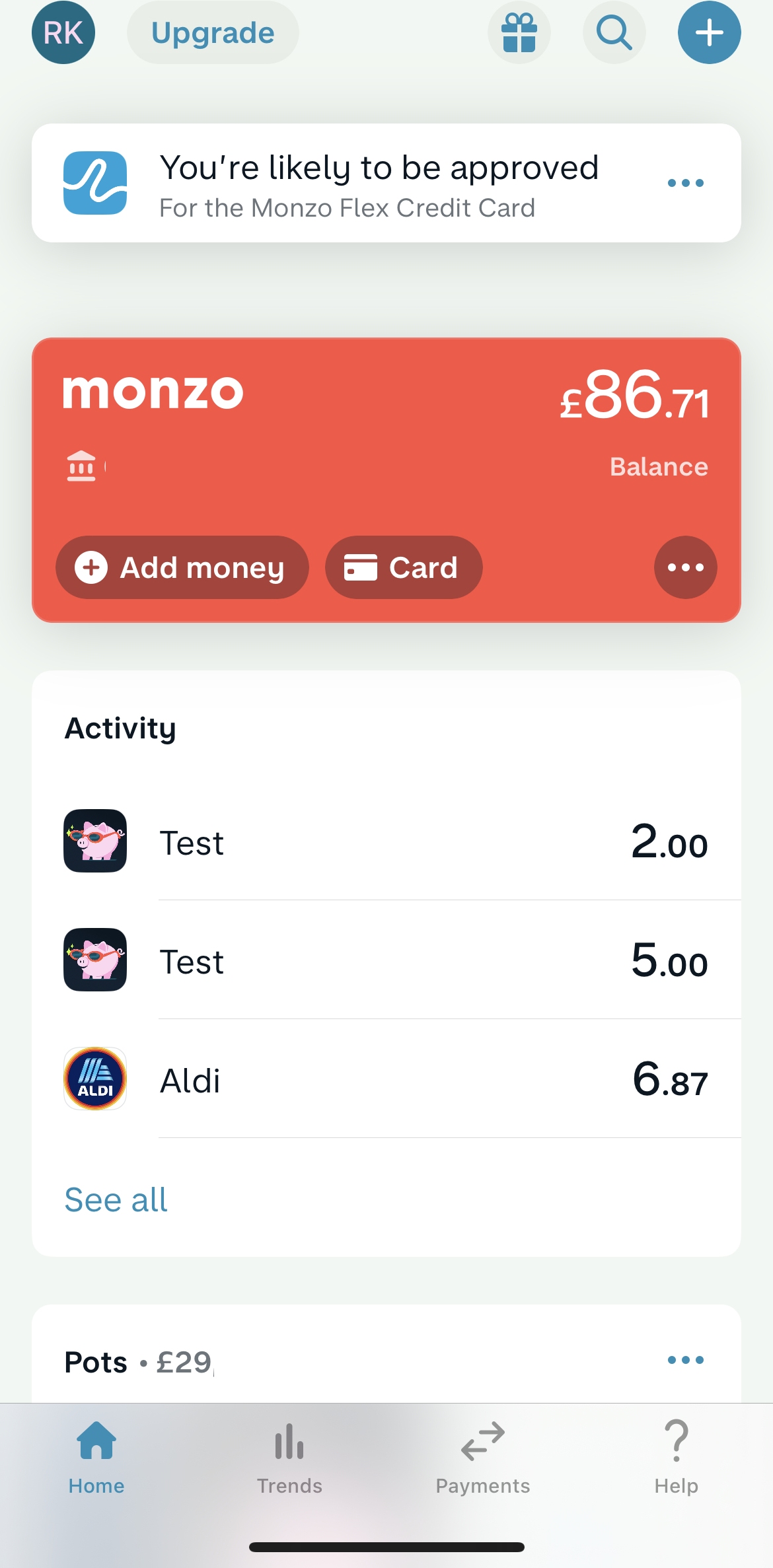 Monzo Home screen in the Exporting Data flow