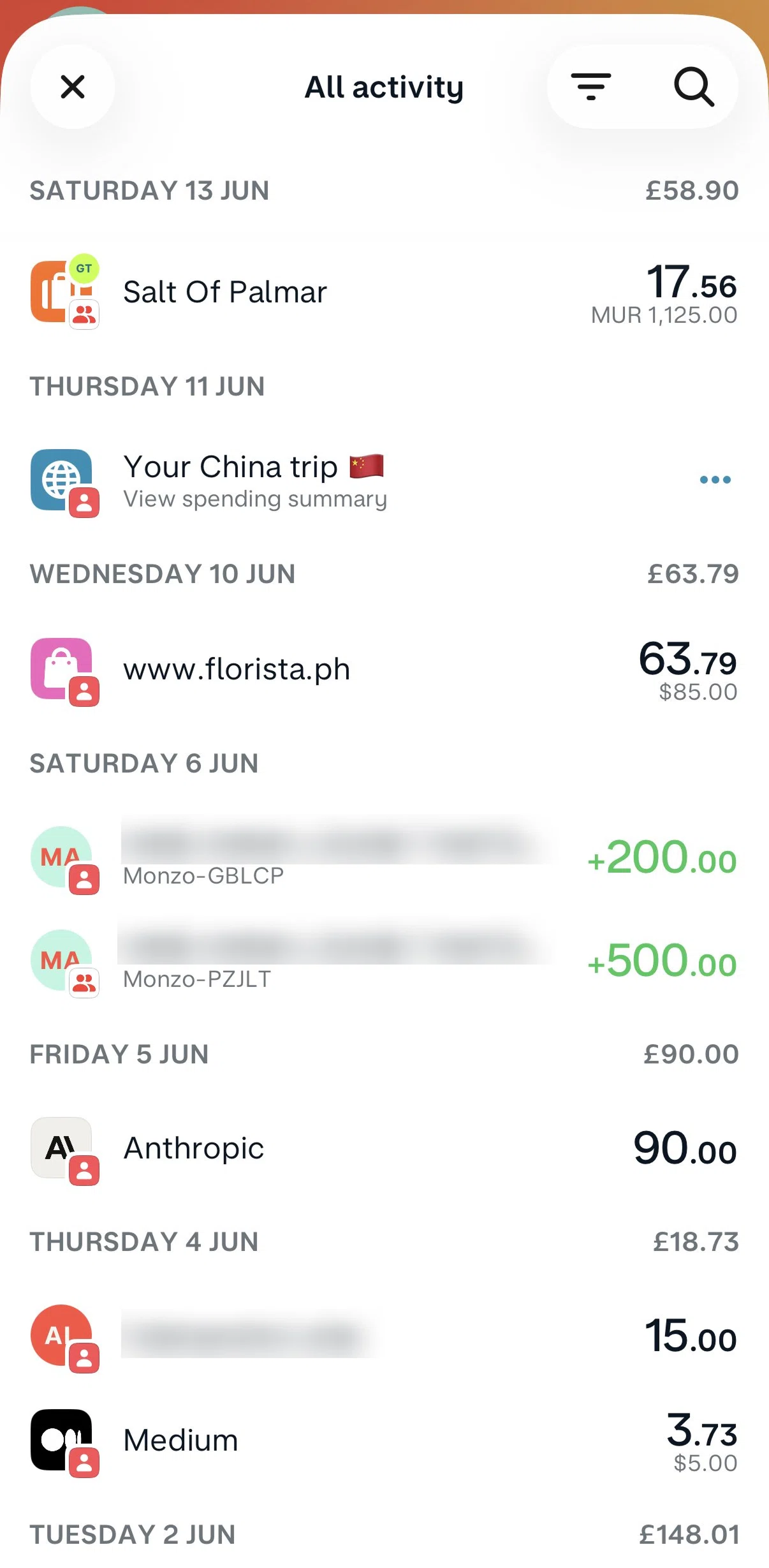 Monzo Screen screen in the Filtering activity flow