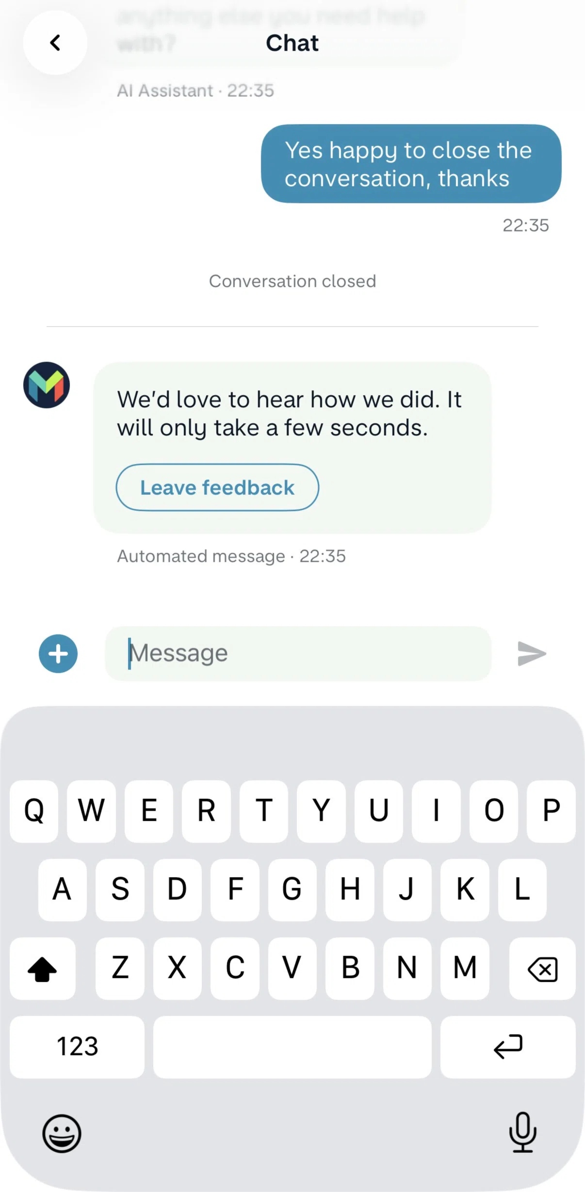 Monzo Screen screen in the Giving feedback (chat with support) flow