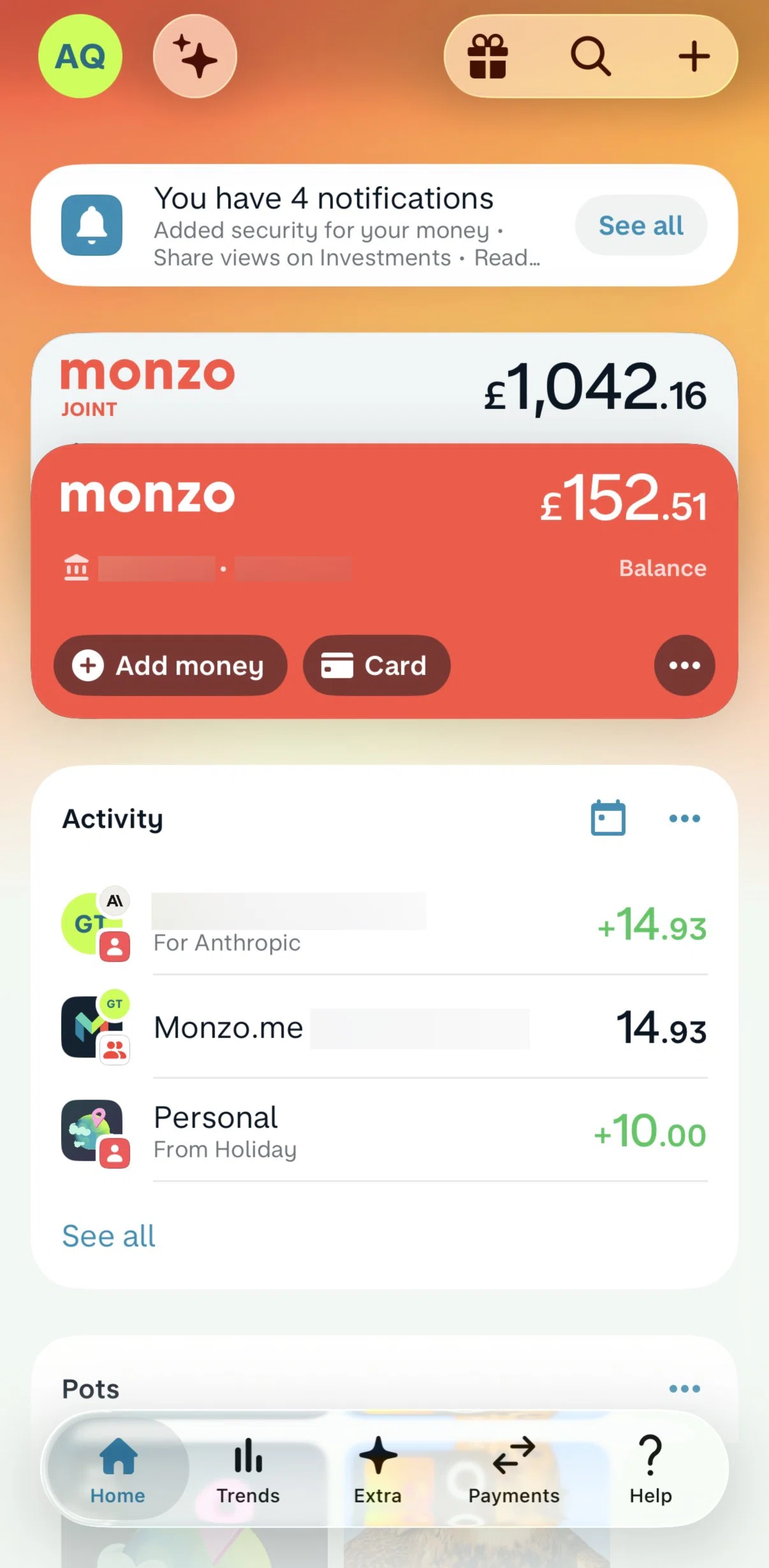 Monzo Screen screen in the Notifications flow
