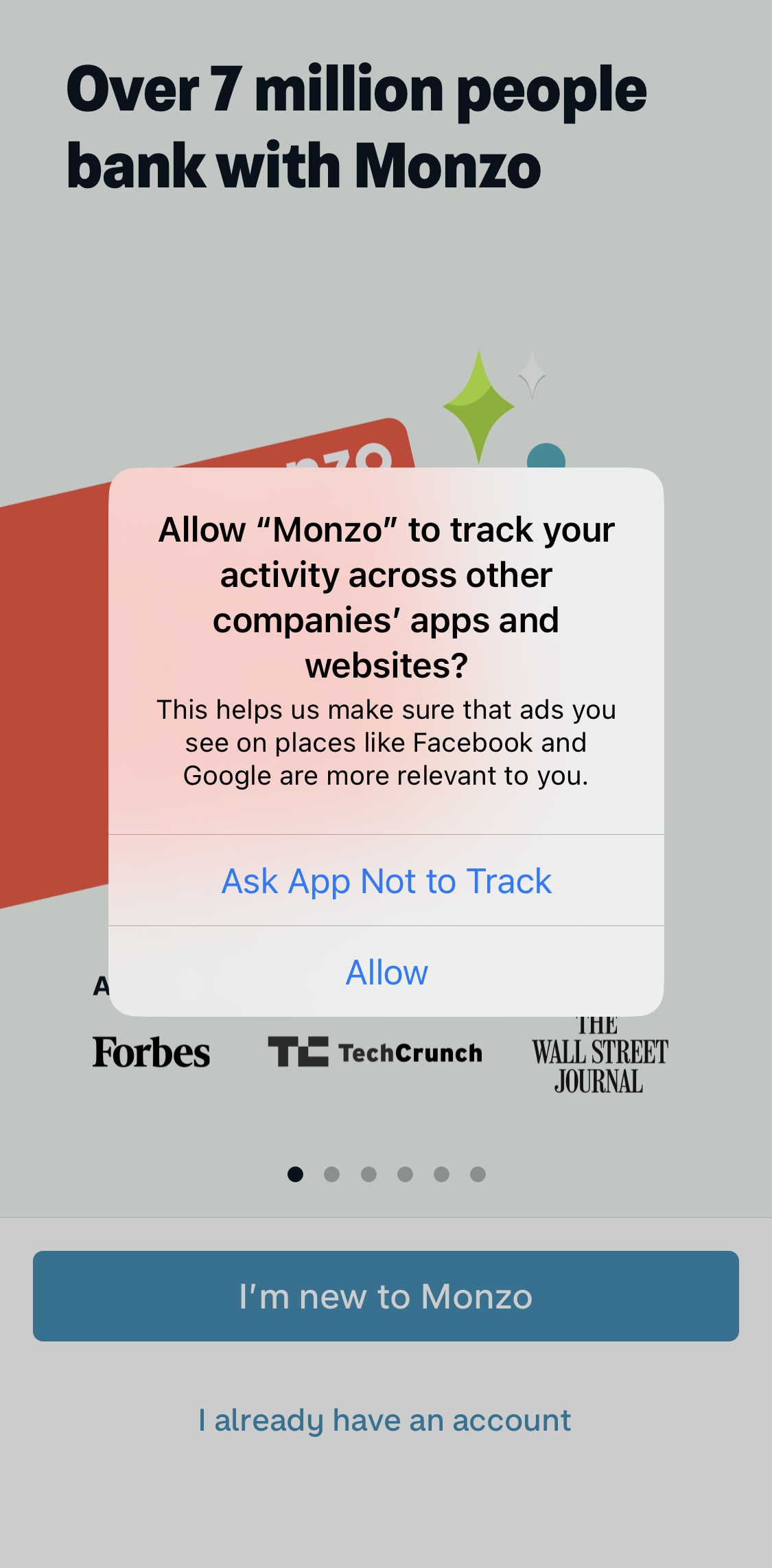 Monzo Enable tracking screen in the Onboarding flow