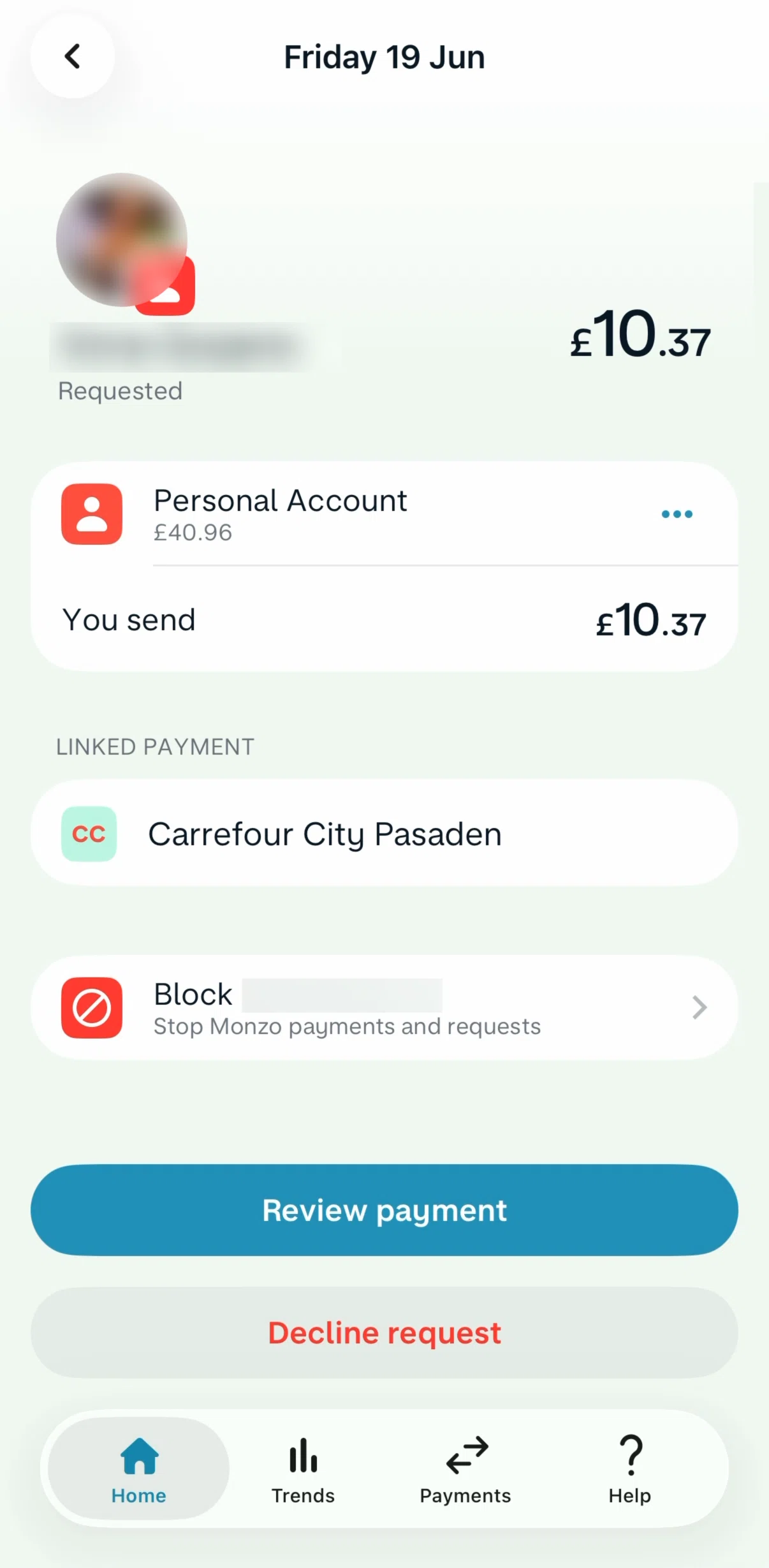 Monzo Screen screen in the Pay a request flow