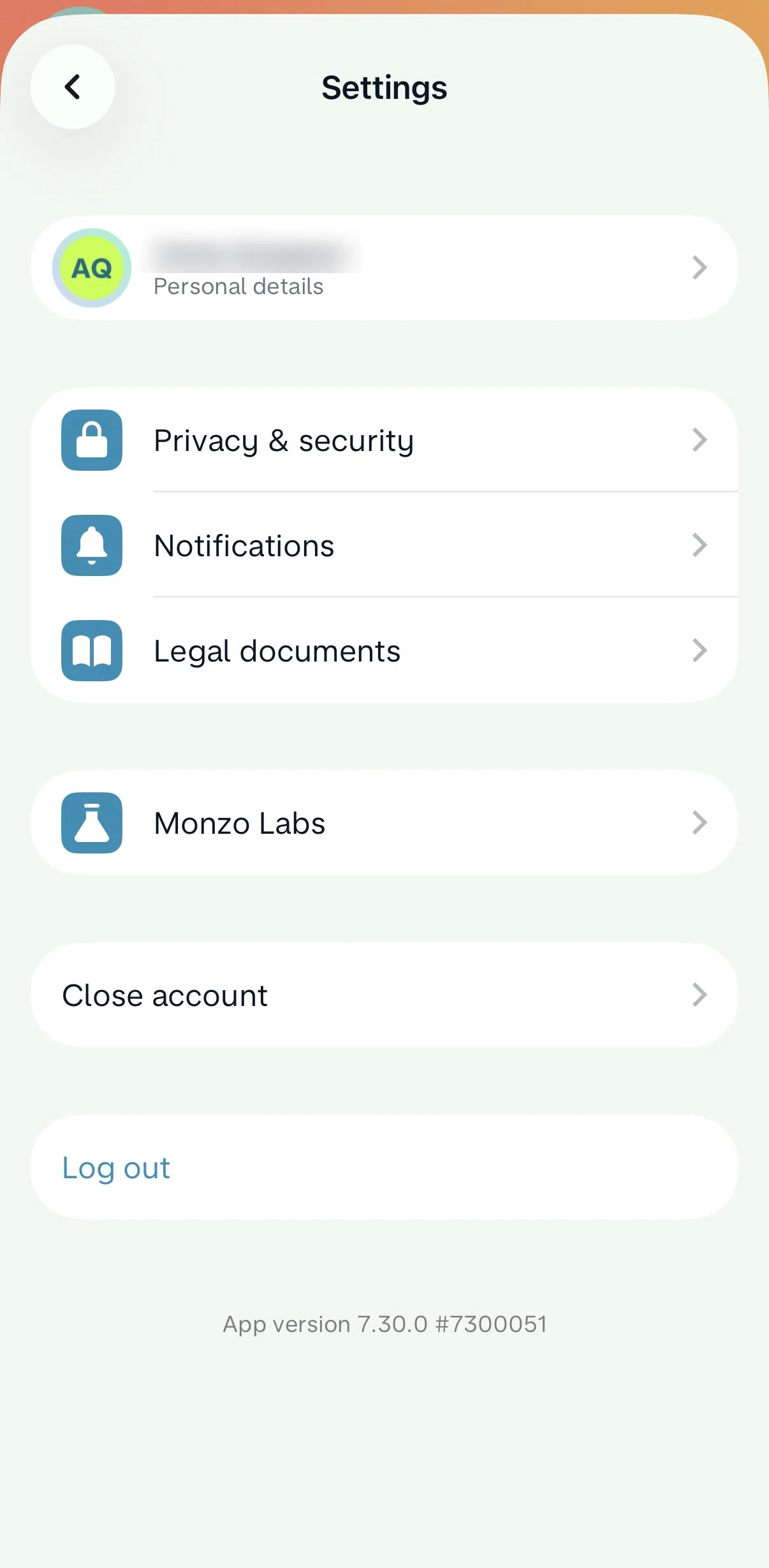 Monzo Screen screen in the Privacy & security flow