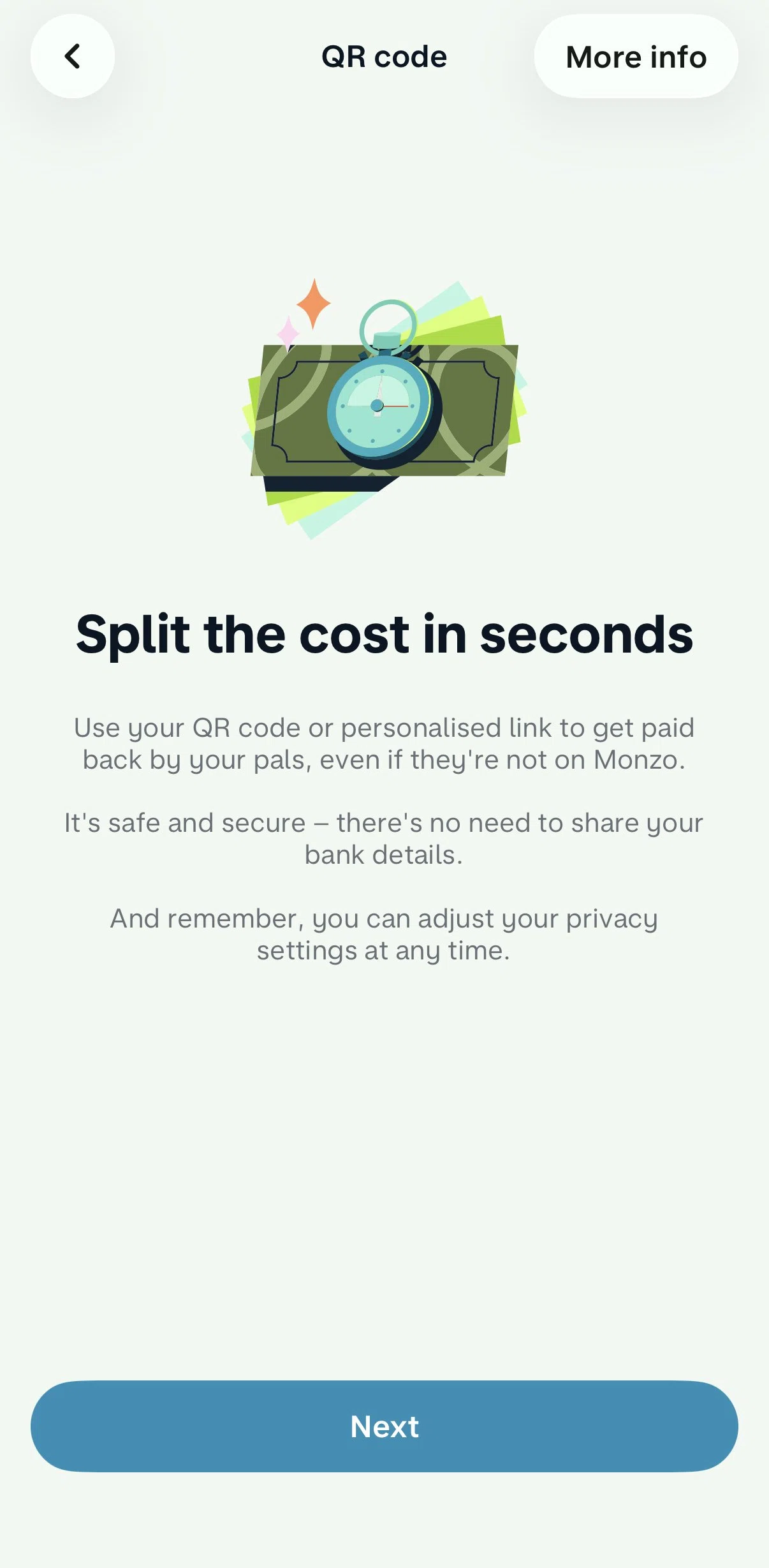 Monzo Screen screen in the QR payment info flow