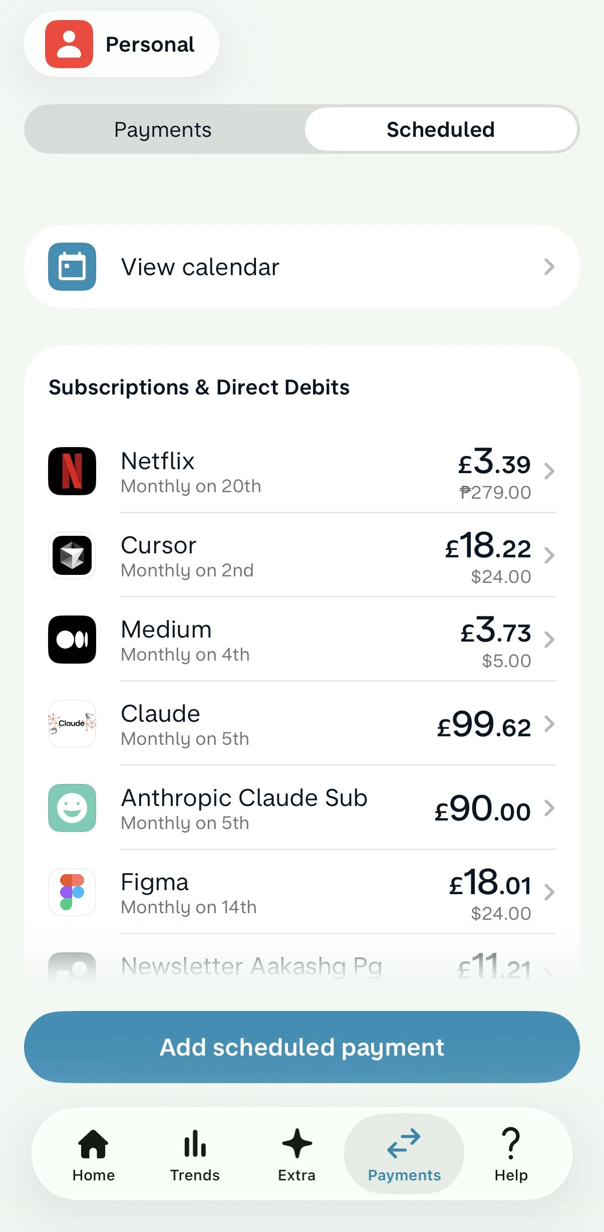 Monzo Screen screen in the Scheduled flow