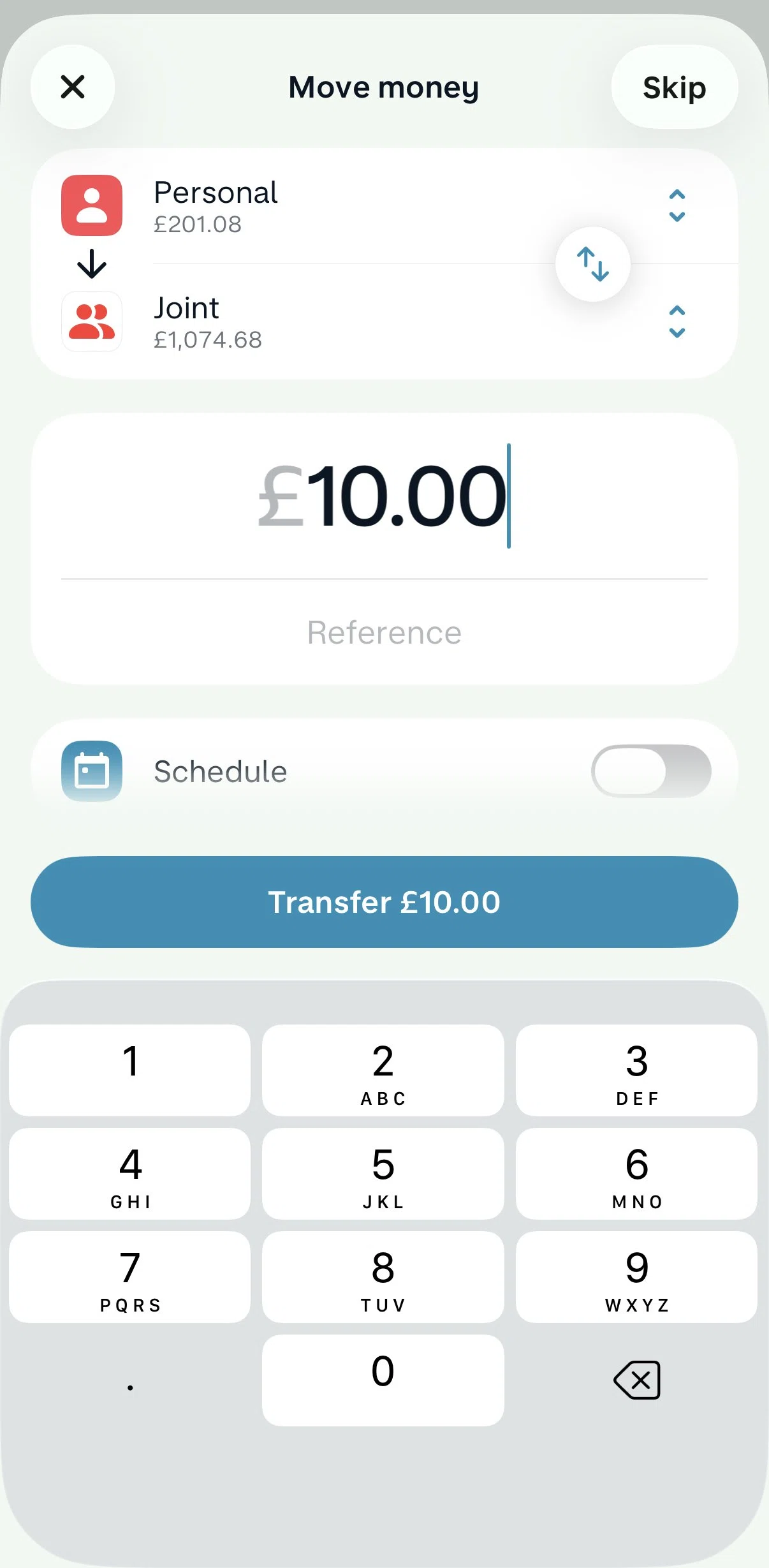 Monzo Screen screen in the Scheduling a payment (Pots) flow