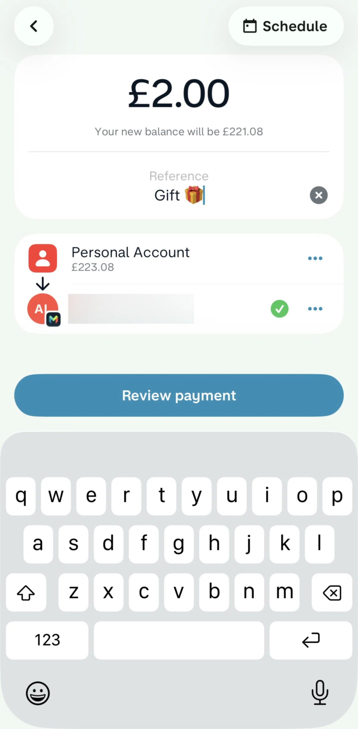 Monzo Screen screen in the Scheduling a payment flow