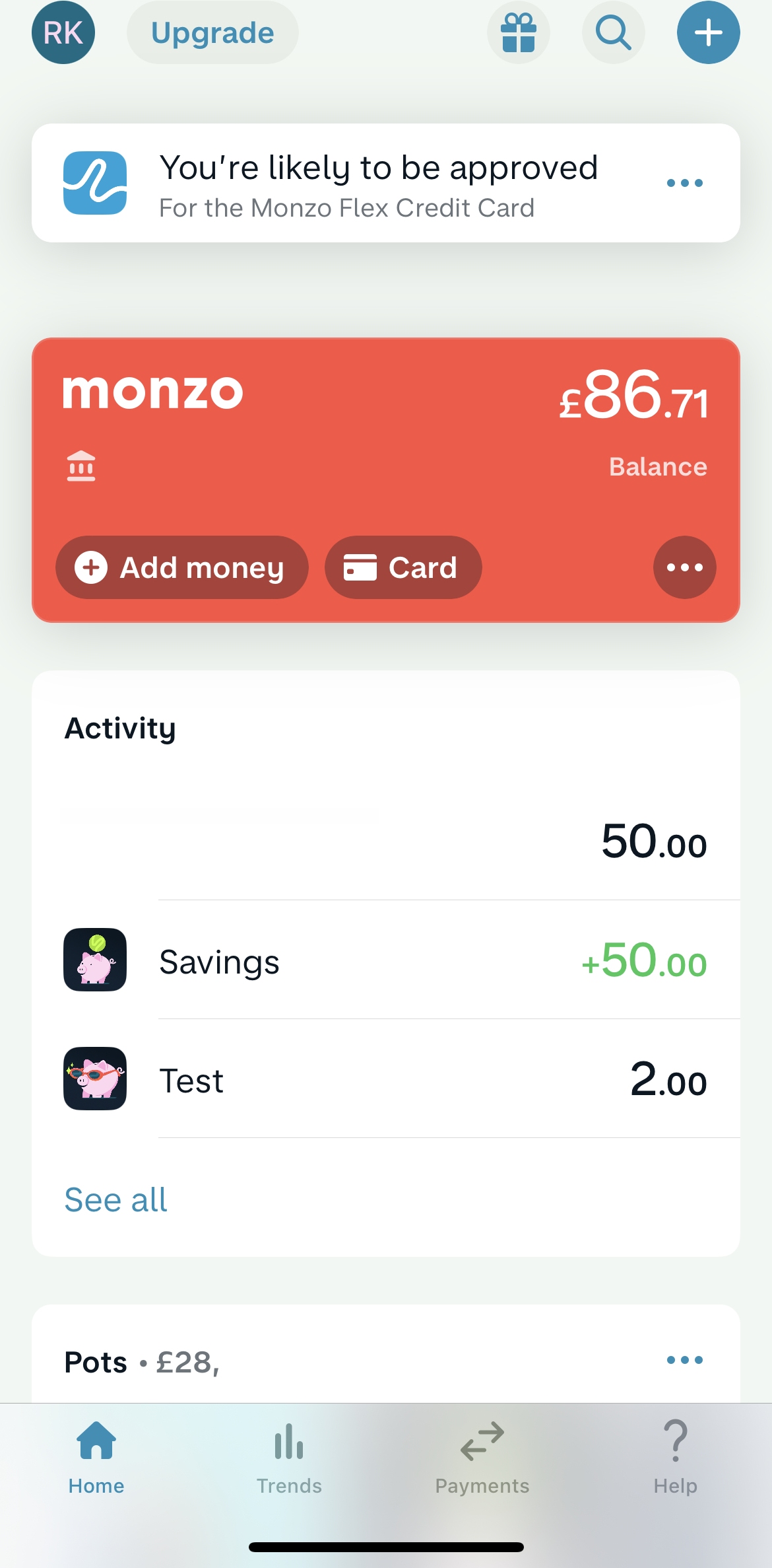 Monzo Home screen in the Sending Currency flow