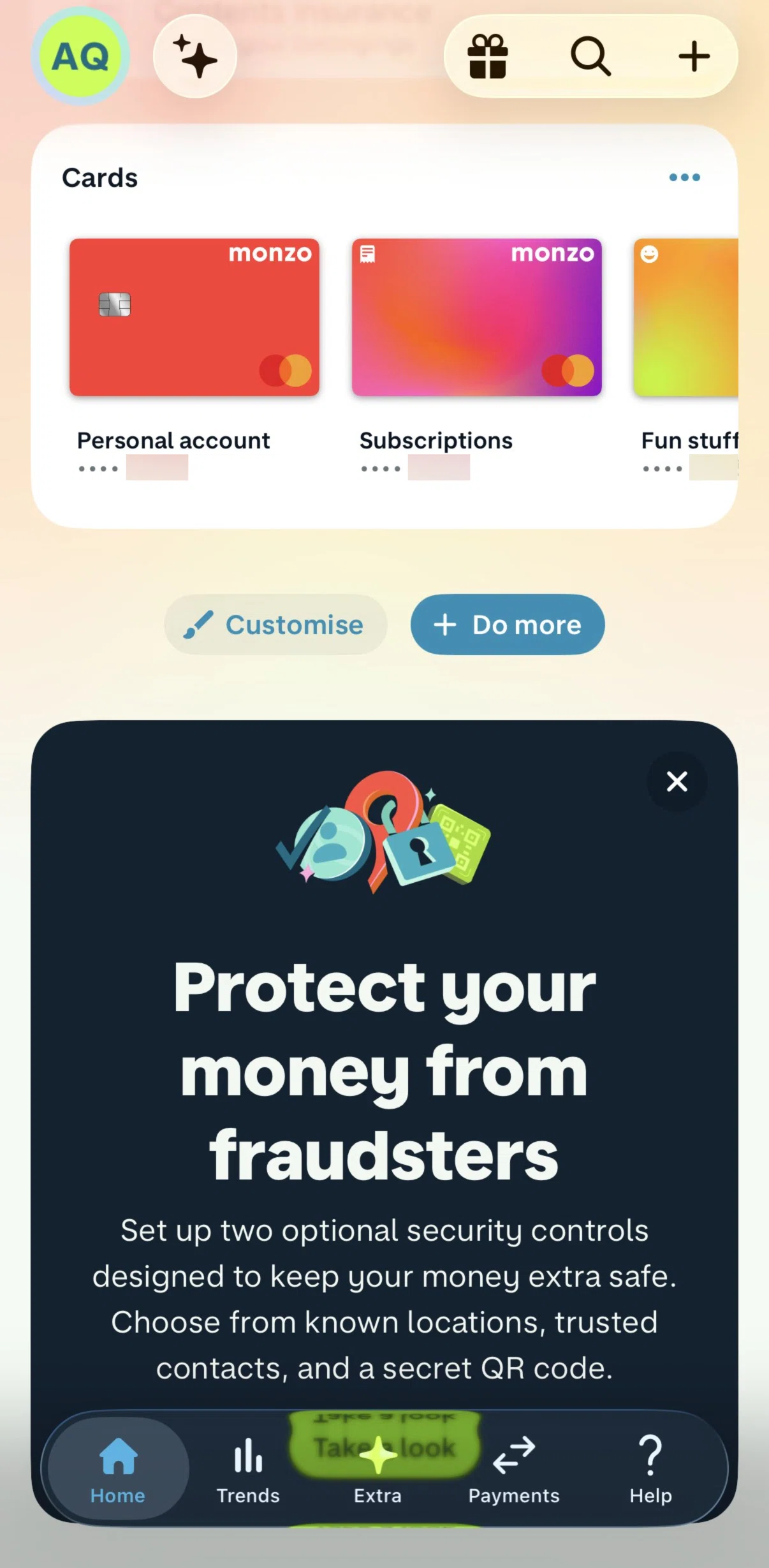 Monzo Screen screen in the Services flow