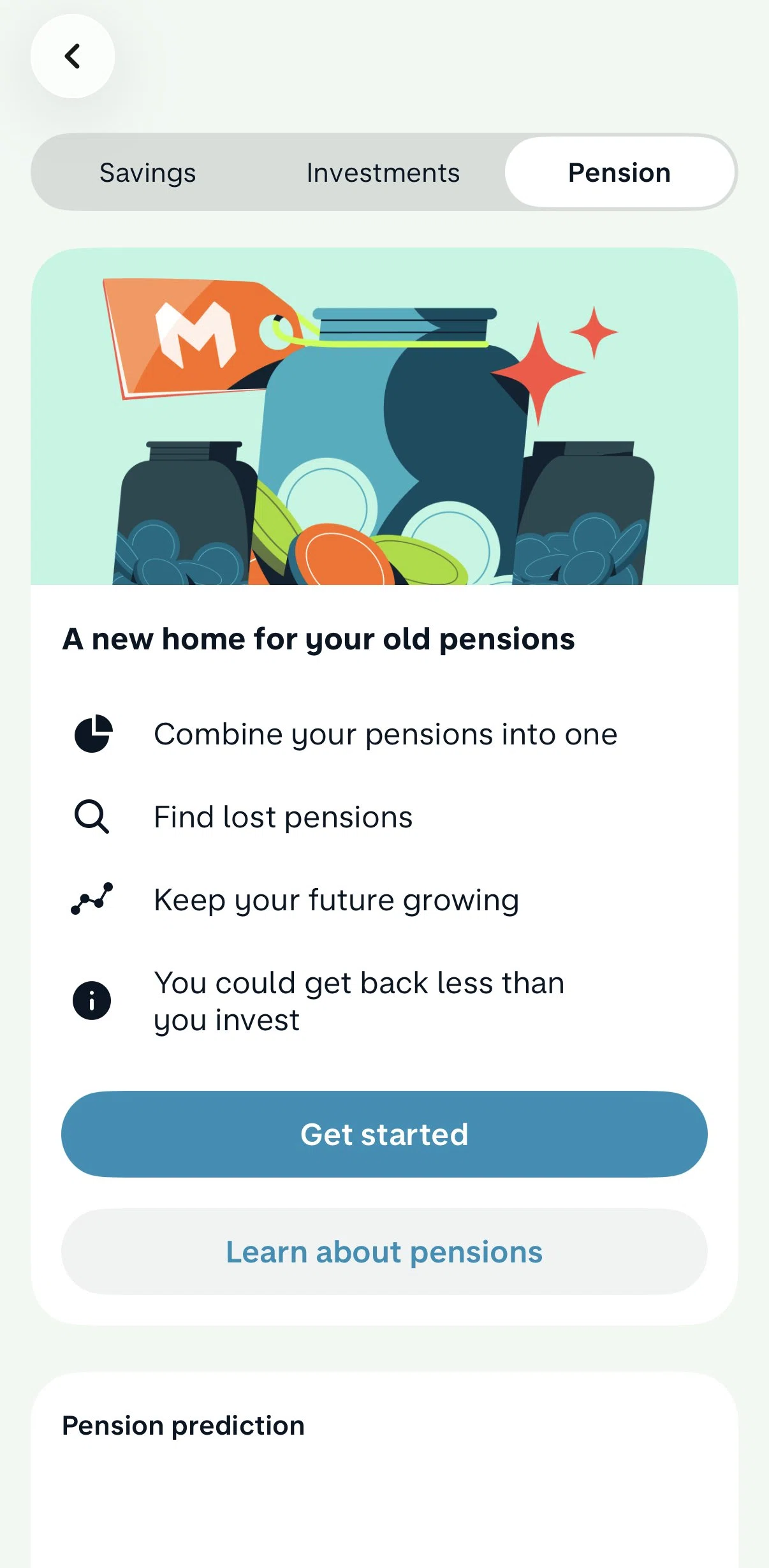 Monzo Screen screen in the Set up a pension flow