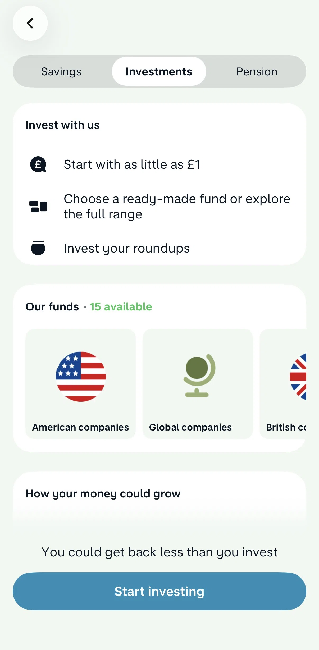Monzo Screen screen in the Set up an investment account flow