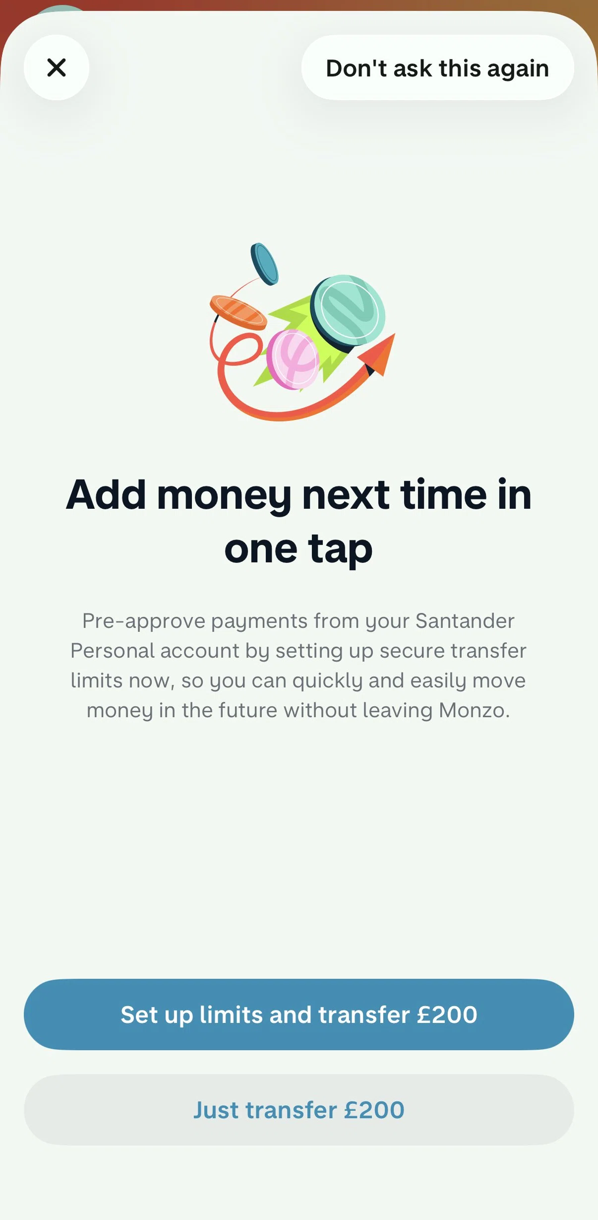 Monzo Screen screen in the Setting up a transfer limit flow