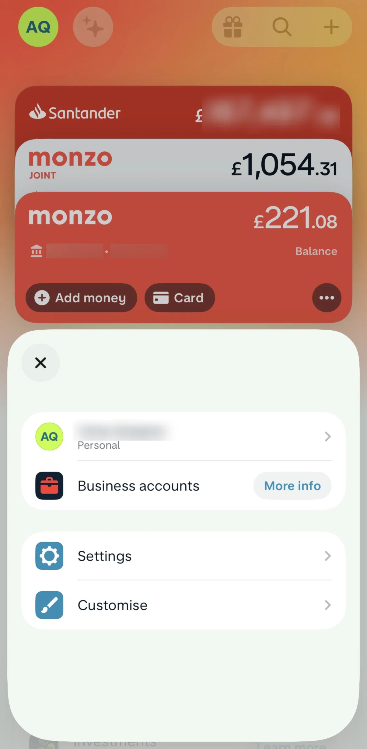 Monzo Screen screen in the Settings flow