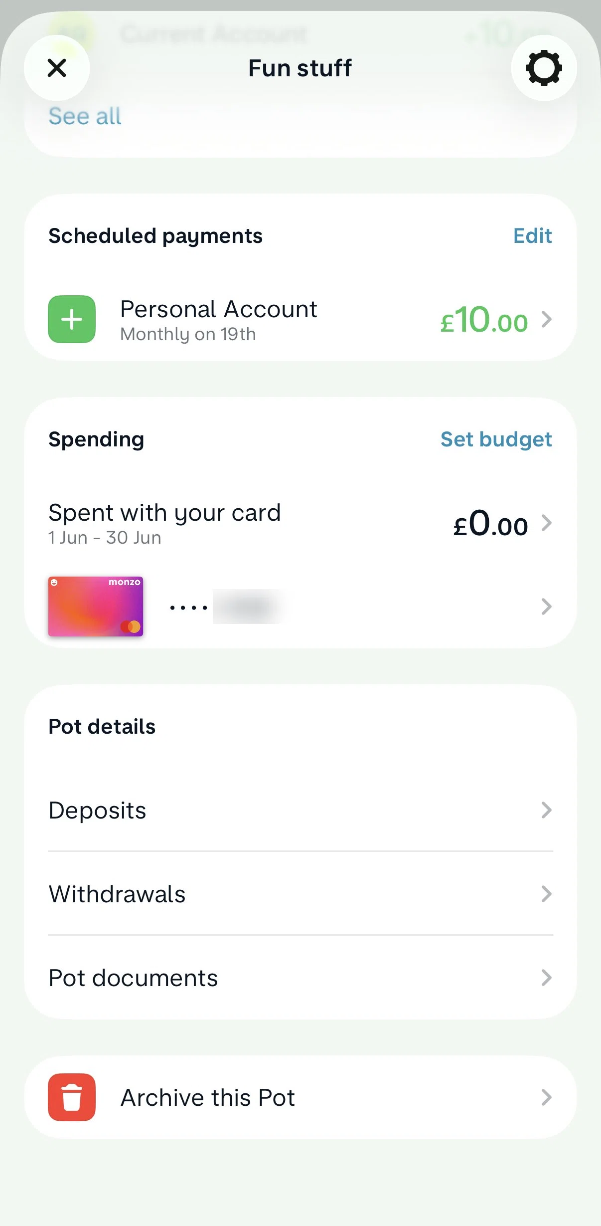 Monzo Screen screen in the Spending (Pots) flow