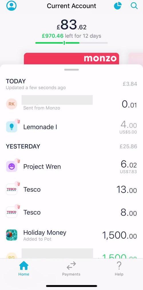 Monzo Home screen in the Support flow