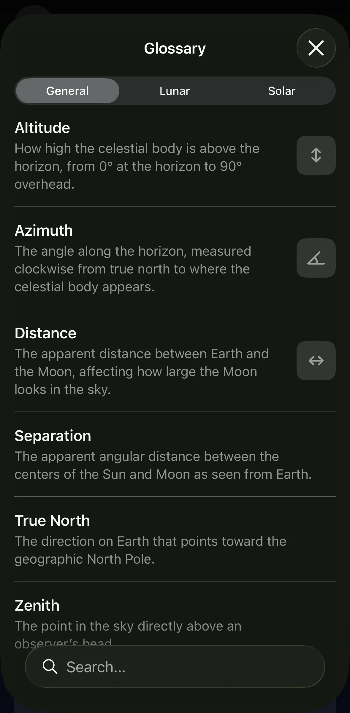 Moonlitt Screen screen in the Searching glossary flow