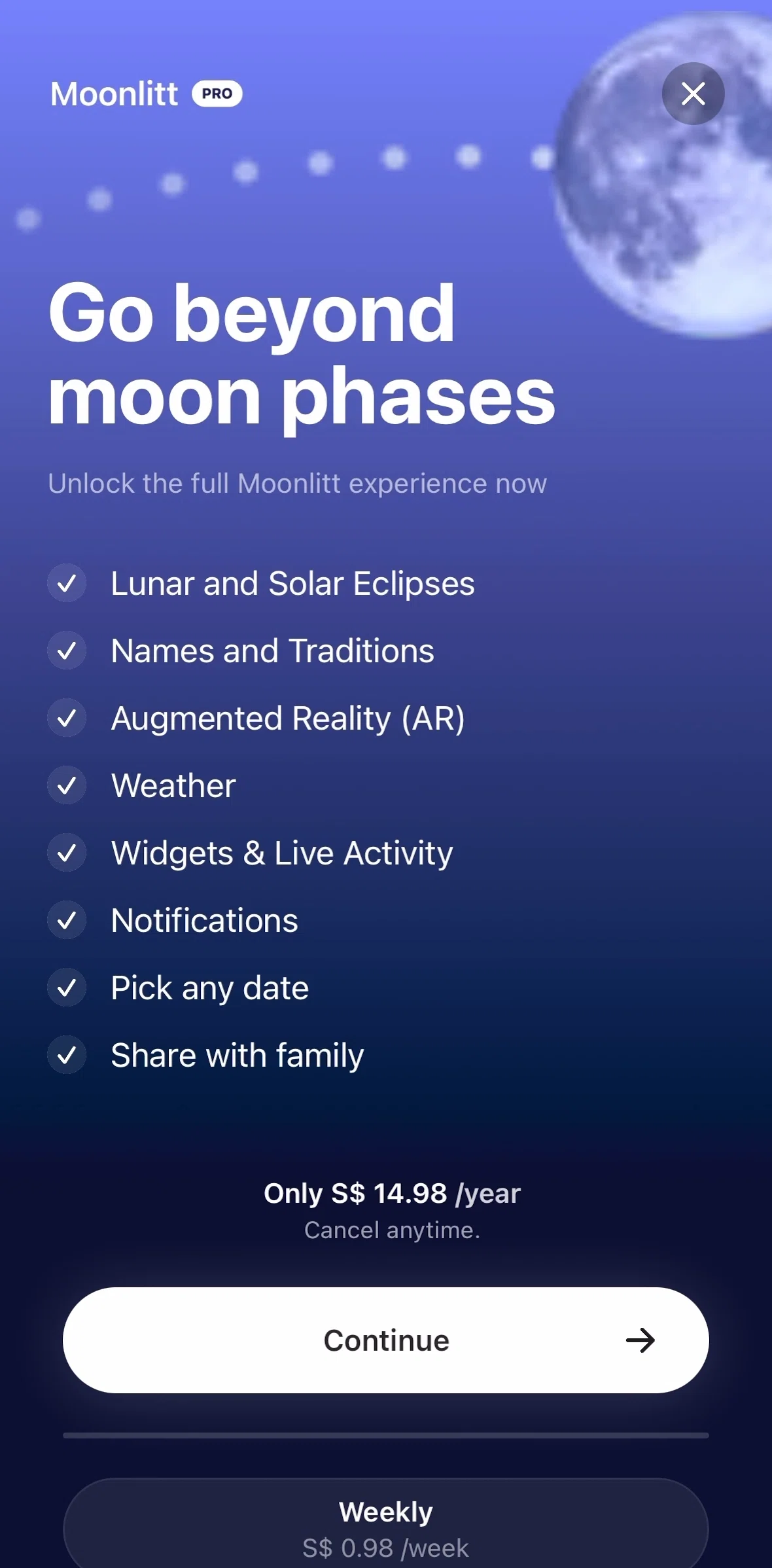 Moonlitt Screen screen in the Subscribing to Moonlitt Pro flow