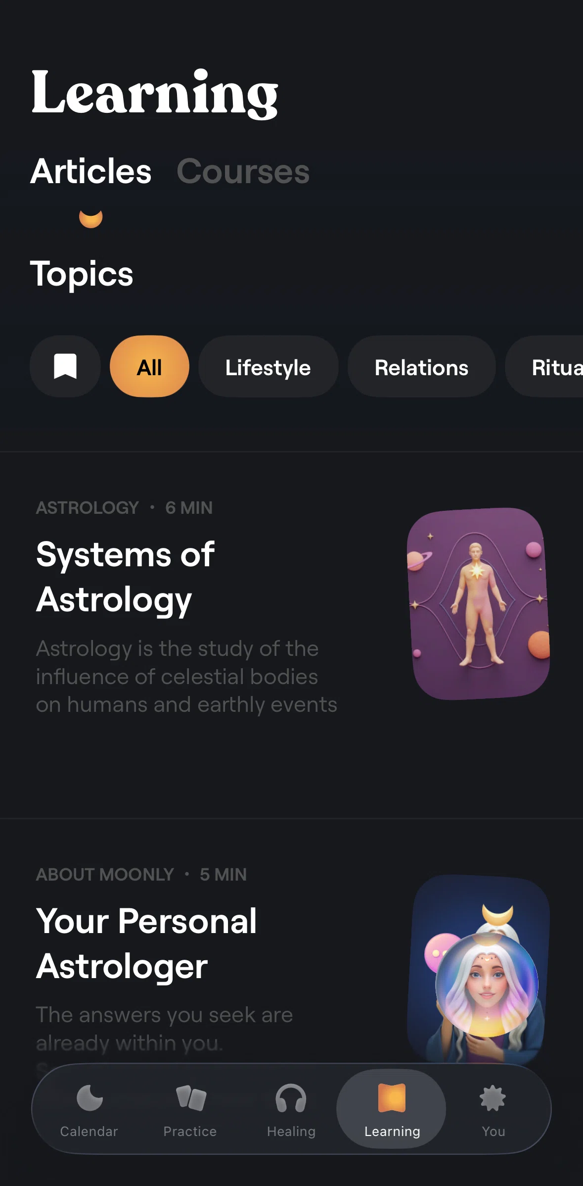 Moonly Screen screen in the Articles flow