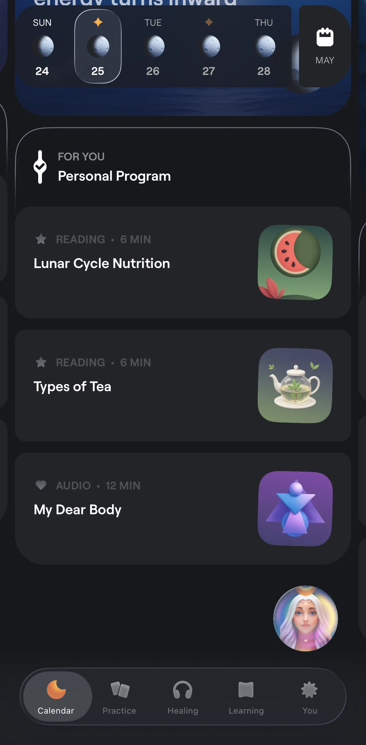 Moonly Screen screen in the Completing a program (audio) flow