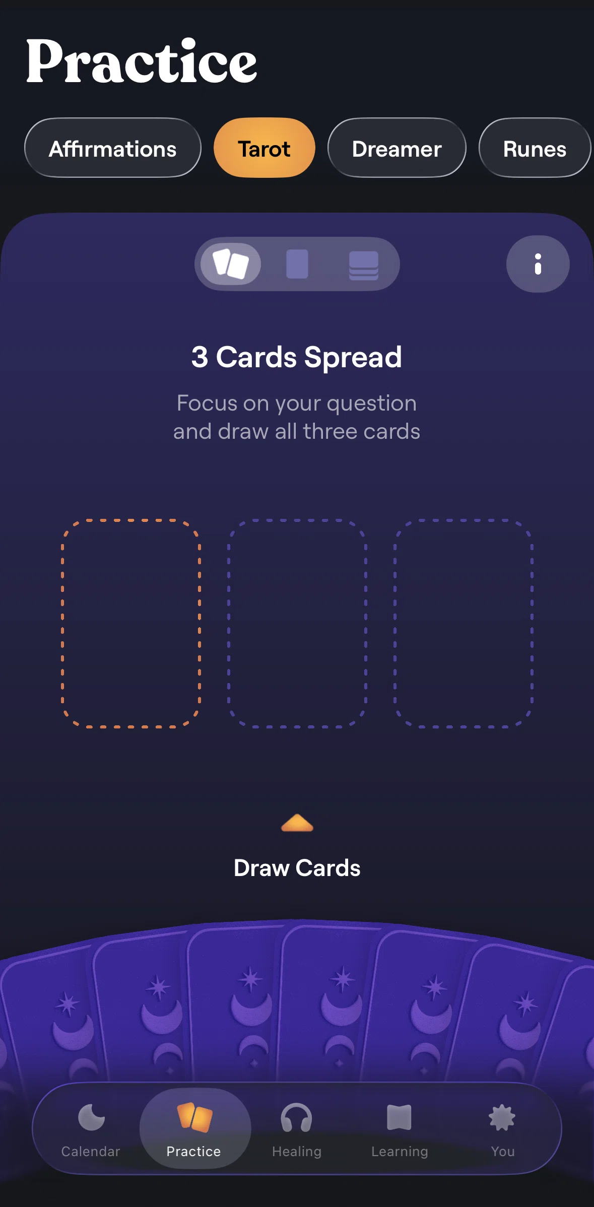 Moonly Screen screen in the Tarot flow