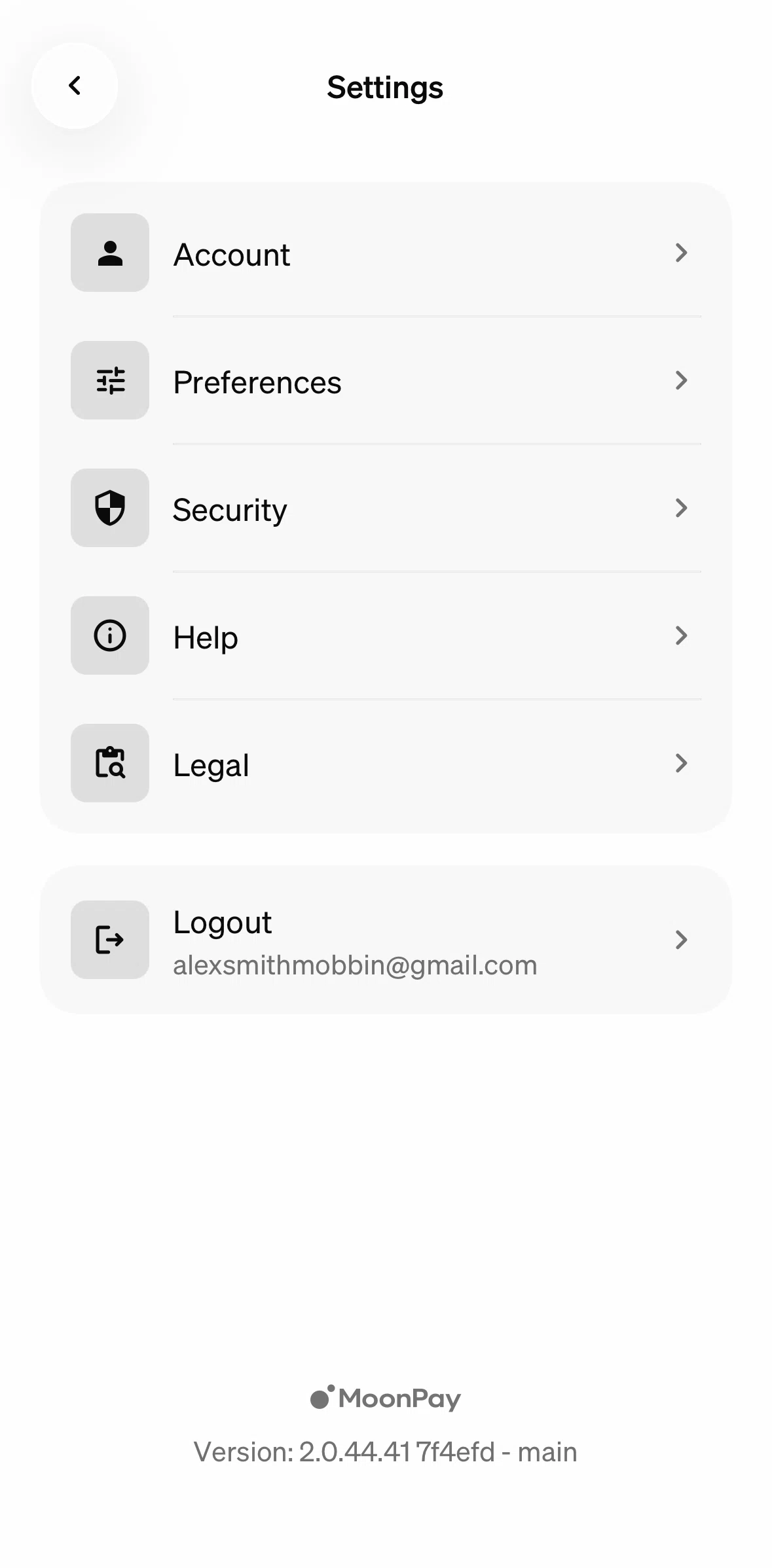 MoonPay Screen screen in the Logging out flow