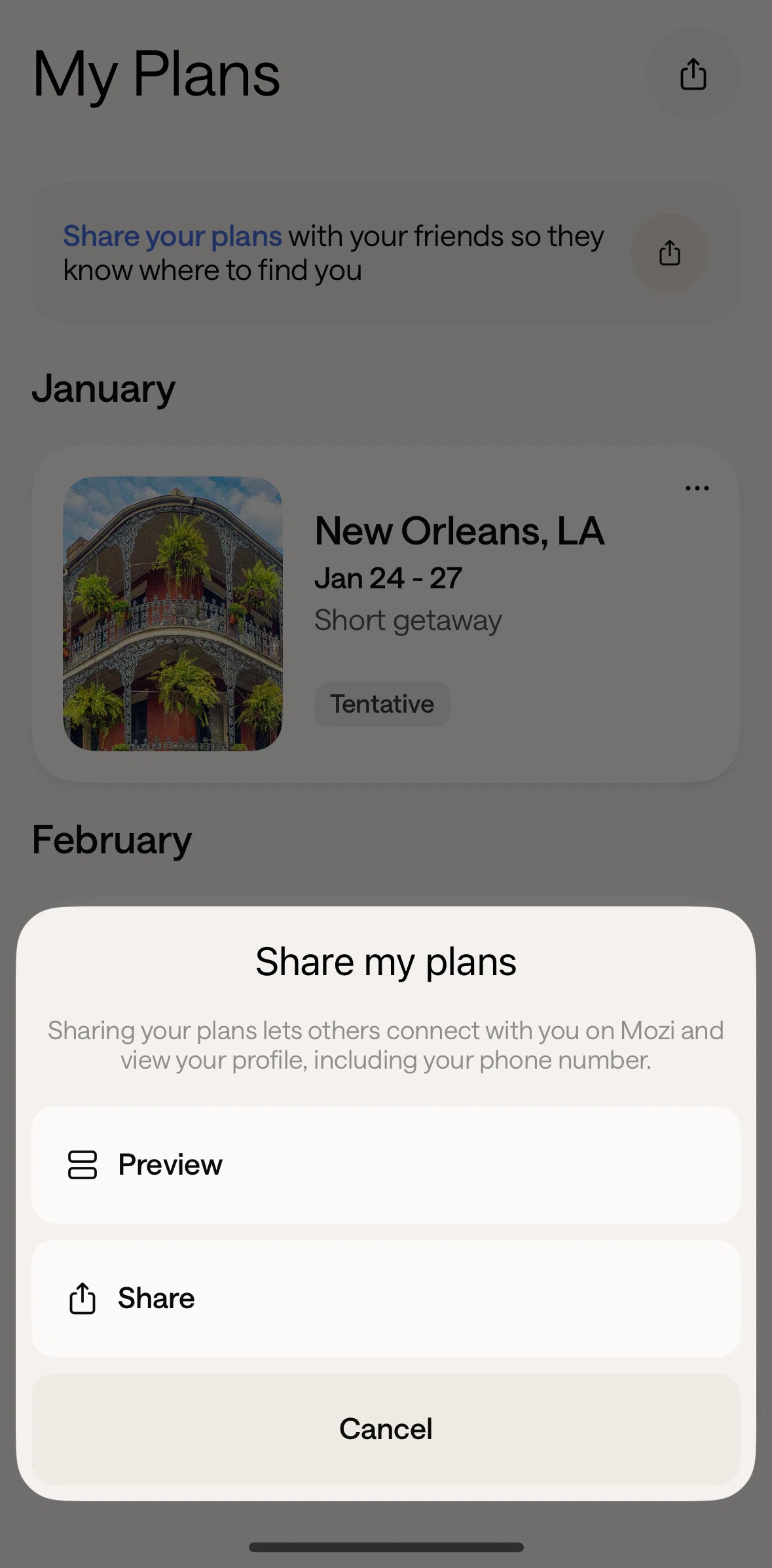 Mozi Screen screen in the Share my plans (Preview) flow