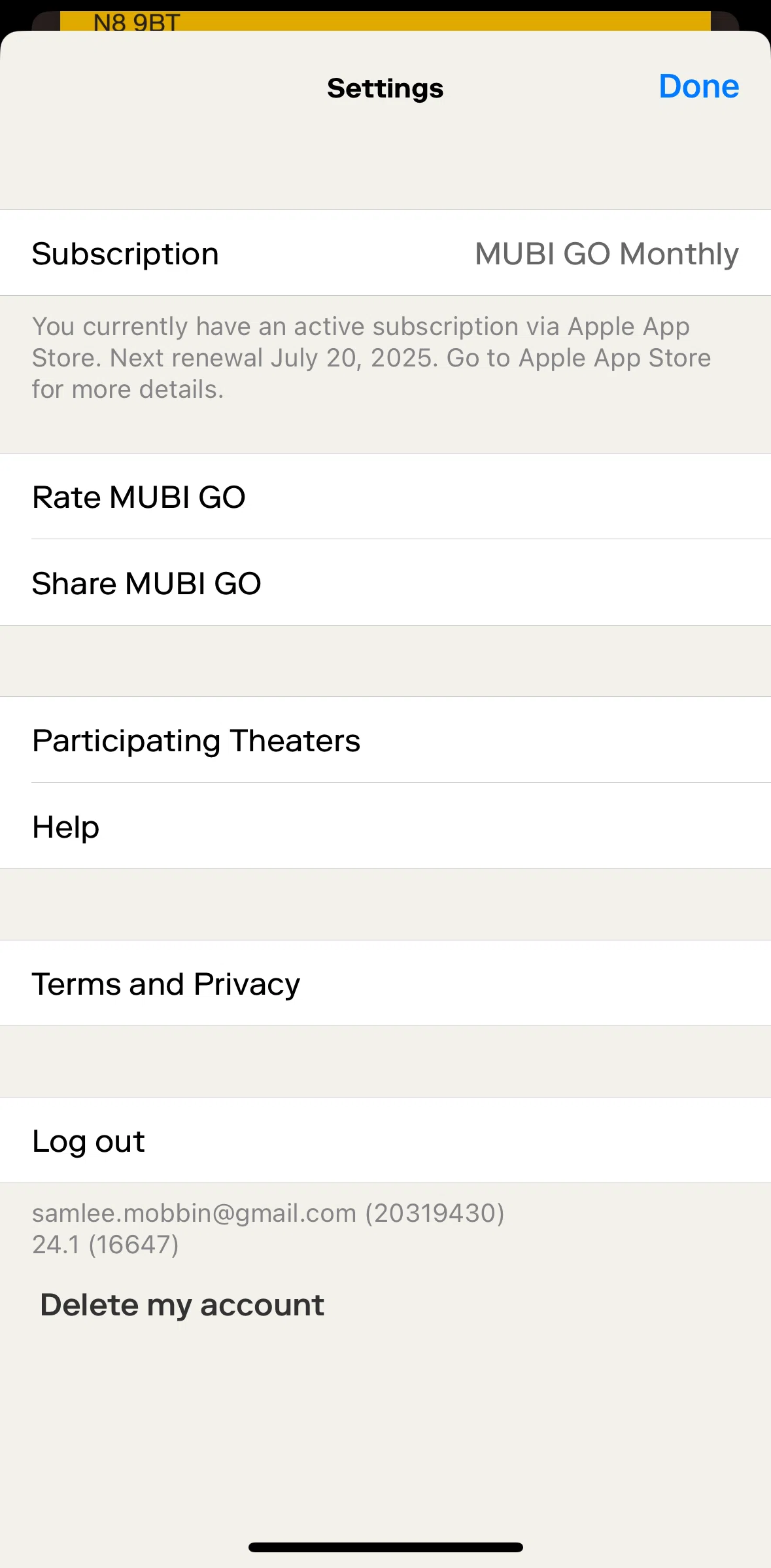 MUBI GO Screen screen in the Participating theaters flow