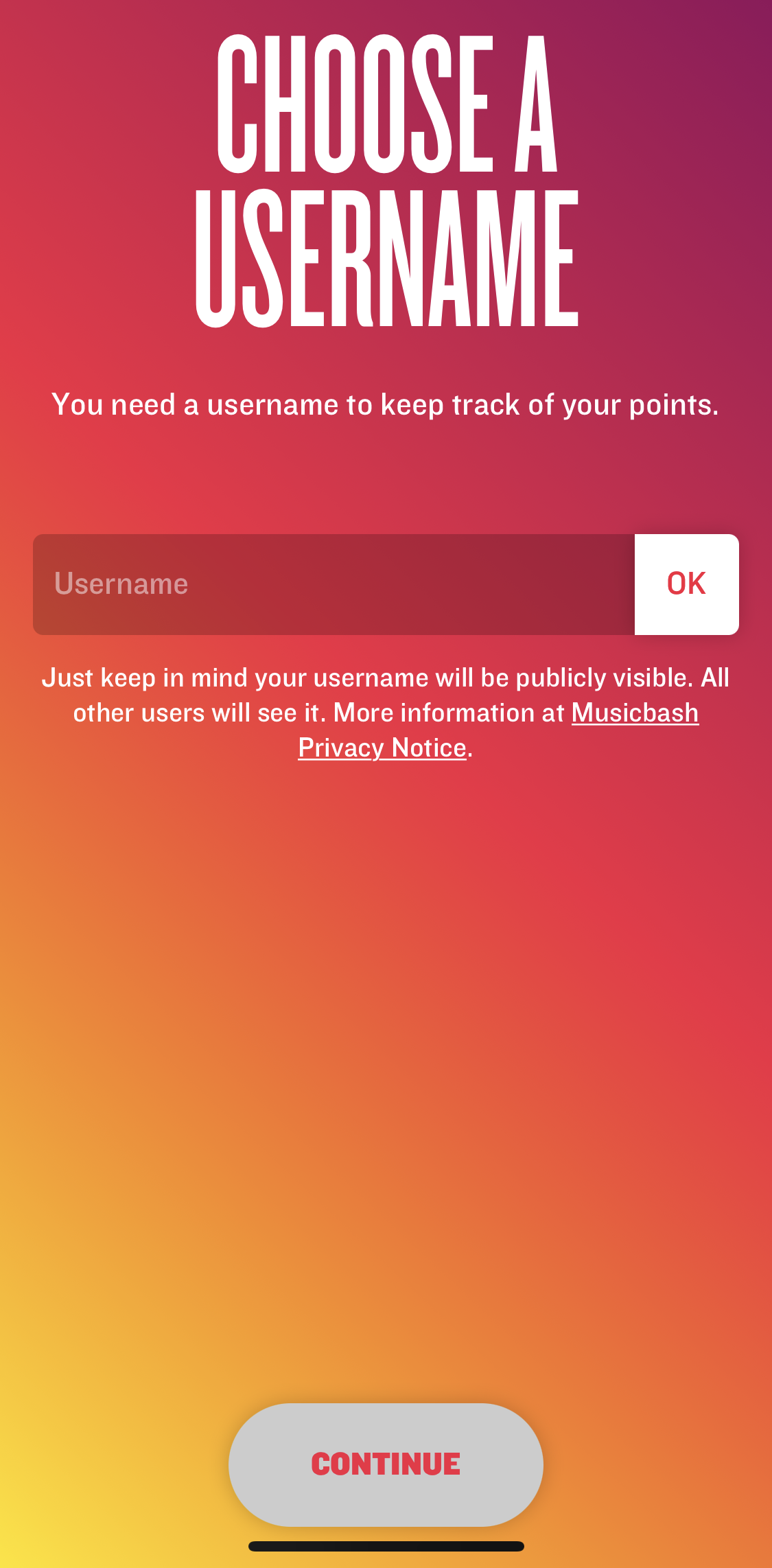 Music Bash Set username screen in the General Browsing flow