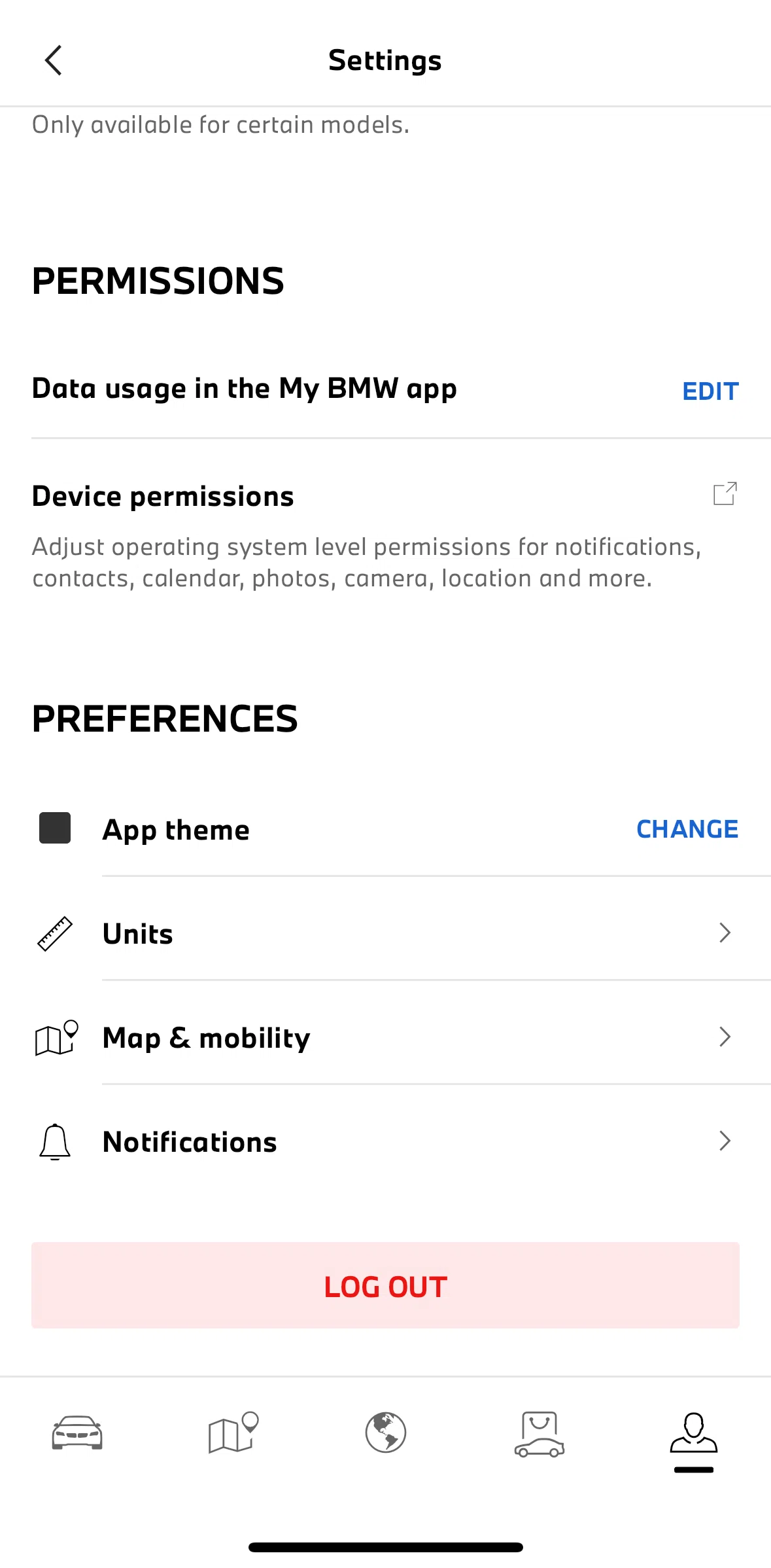 My BMW Screen screen in the Changing app theme flow