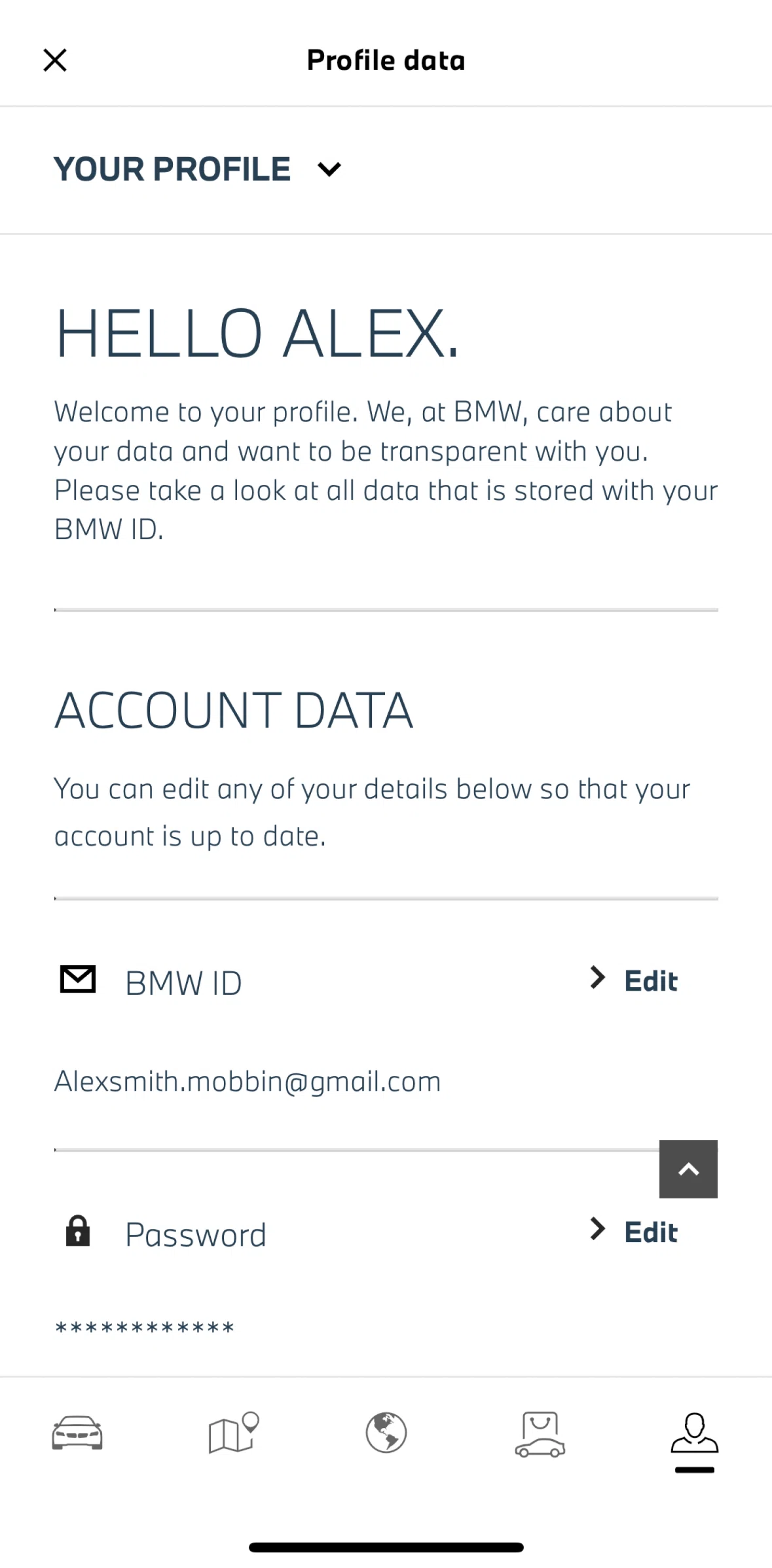 My BMW Screen screen in the Changing password flow