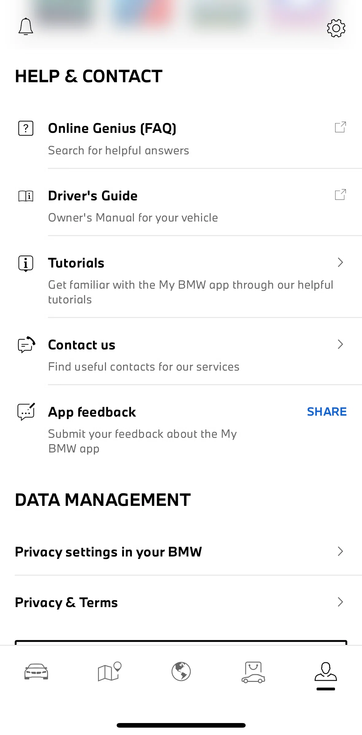 My BMW Screen screen in the Contact us flow