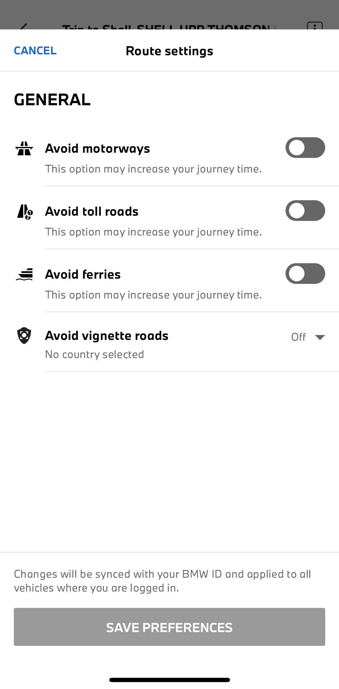 My BMW Screen screen in the Enable avoid vignette roads flow