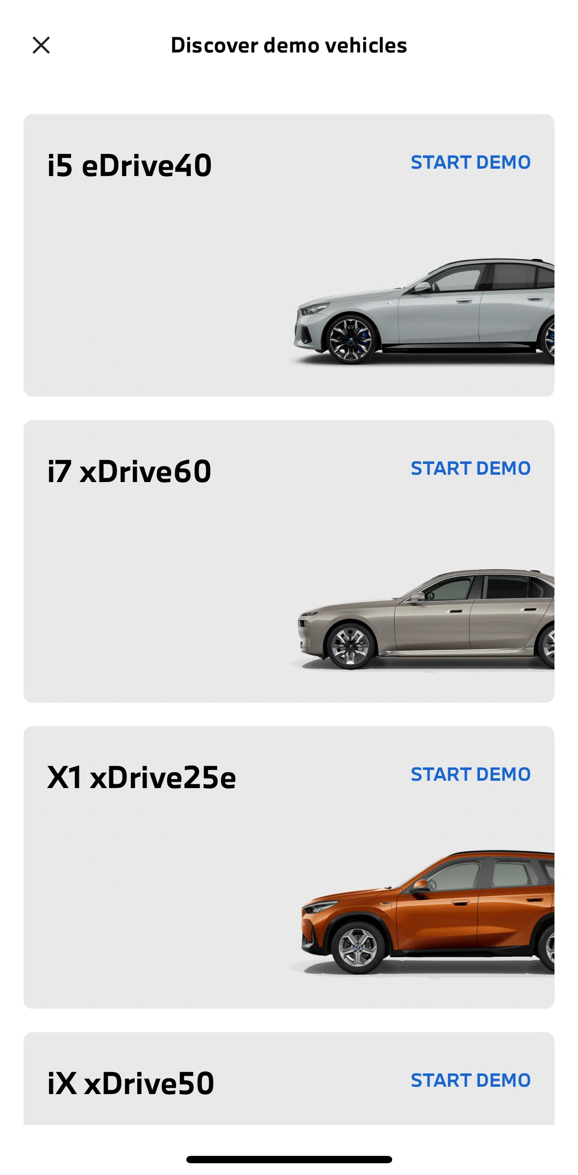 My BMW Screen screen in the Entering demo mode flow