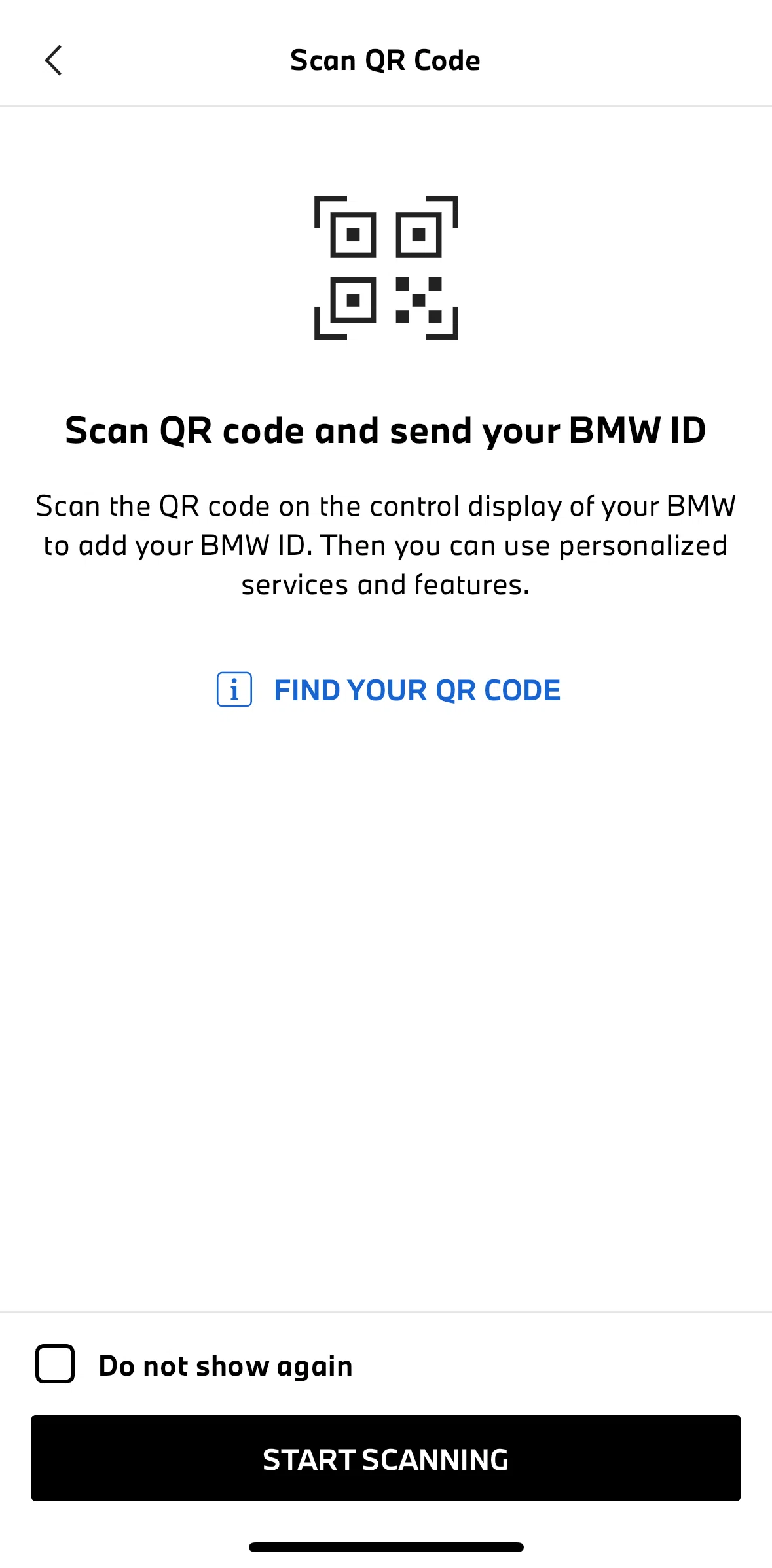 My BMW Screen screen in the Find your QR code flow