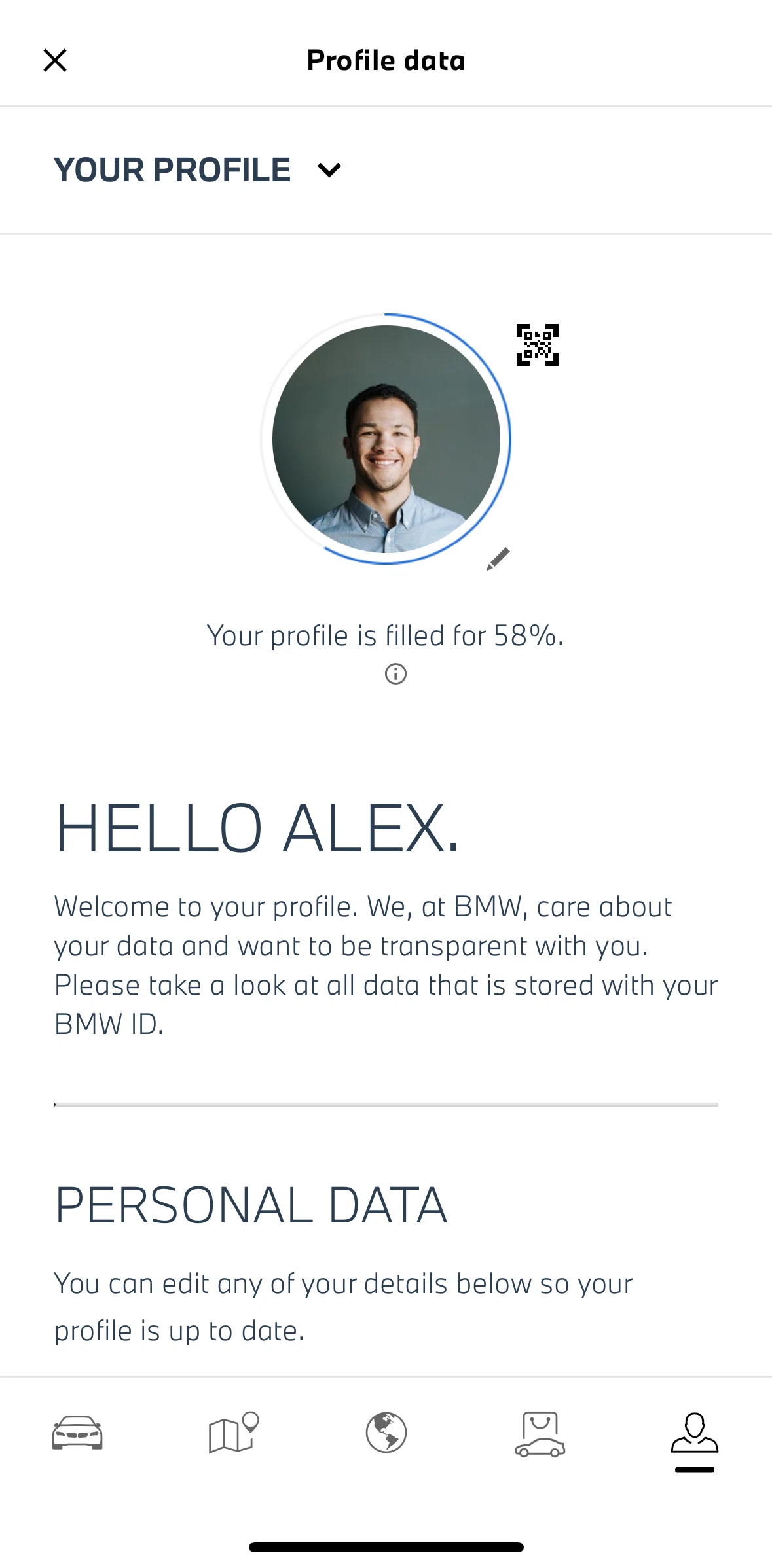 My BMW Screen screen in the QR code identification flow