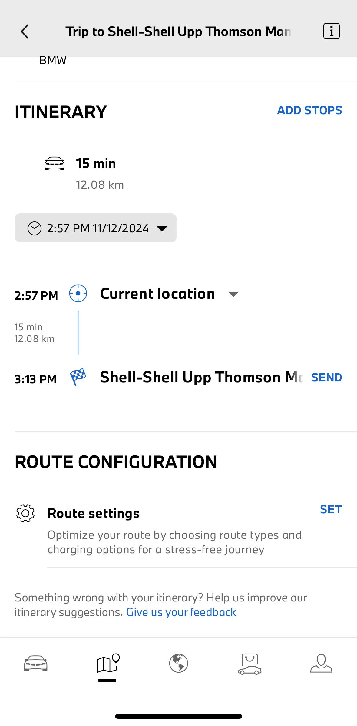 My BMW Screen screen in the Route settings flow