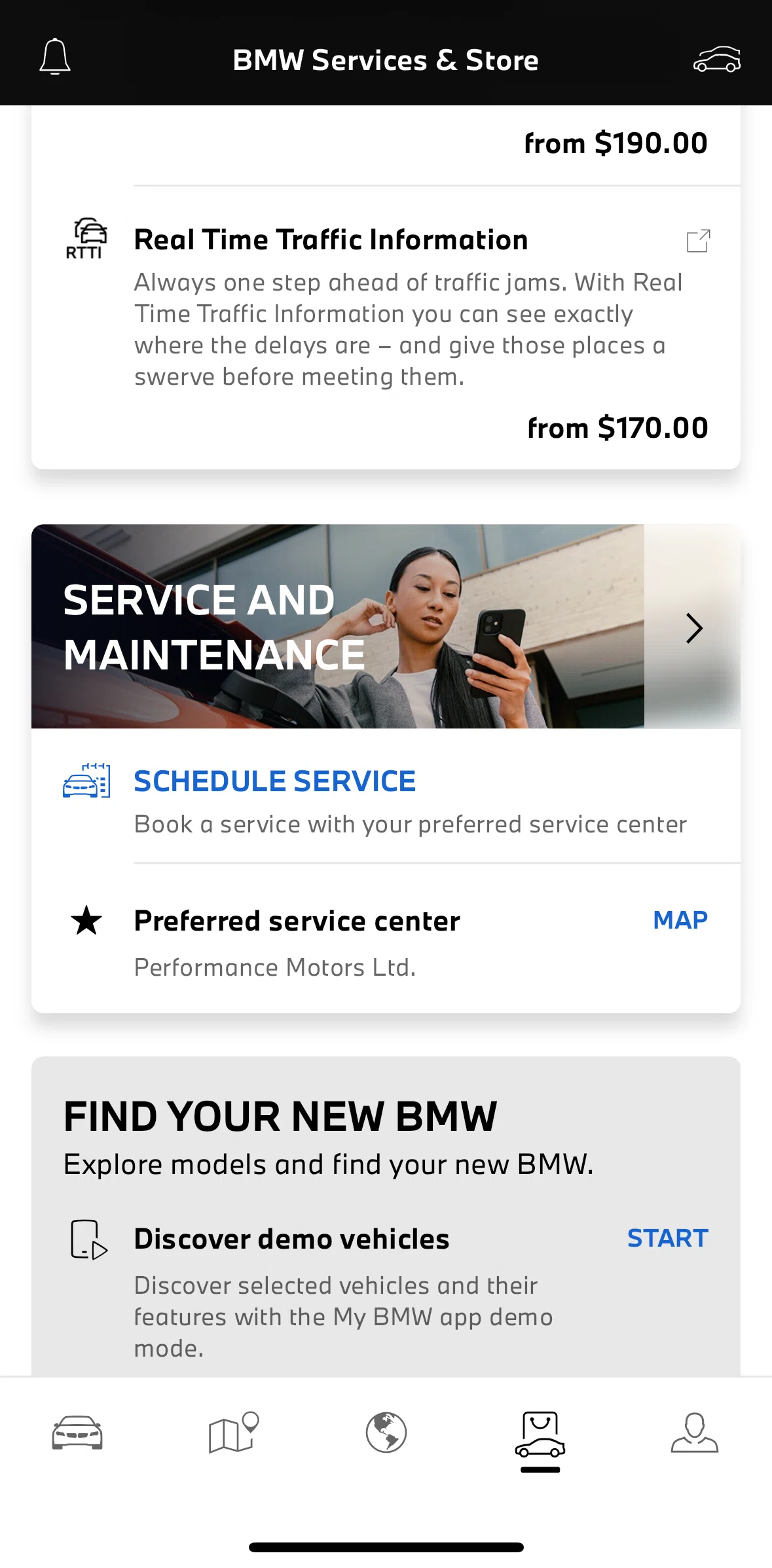 My BMW Screen screen in the Schedule a service flow
