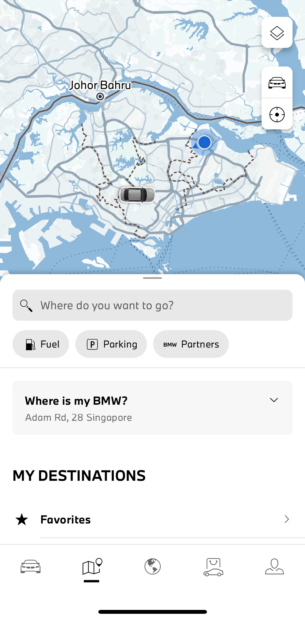 My BMW Screen screen in the Searching for a location flow