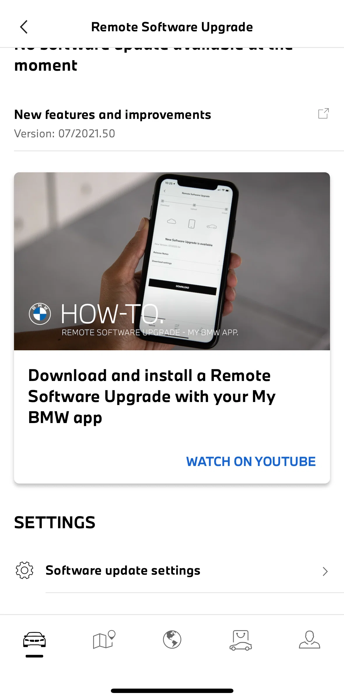My BMW Screen screen in the Software update settings flow
