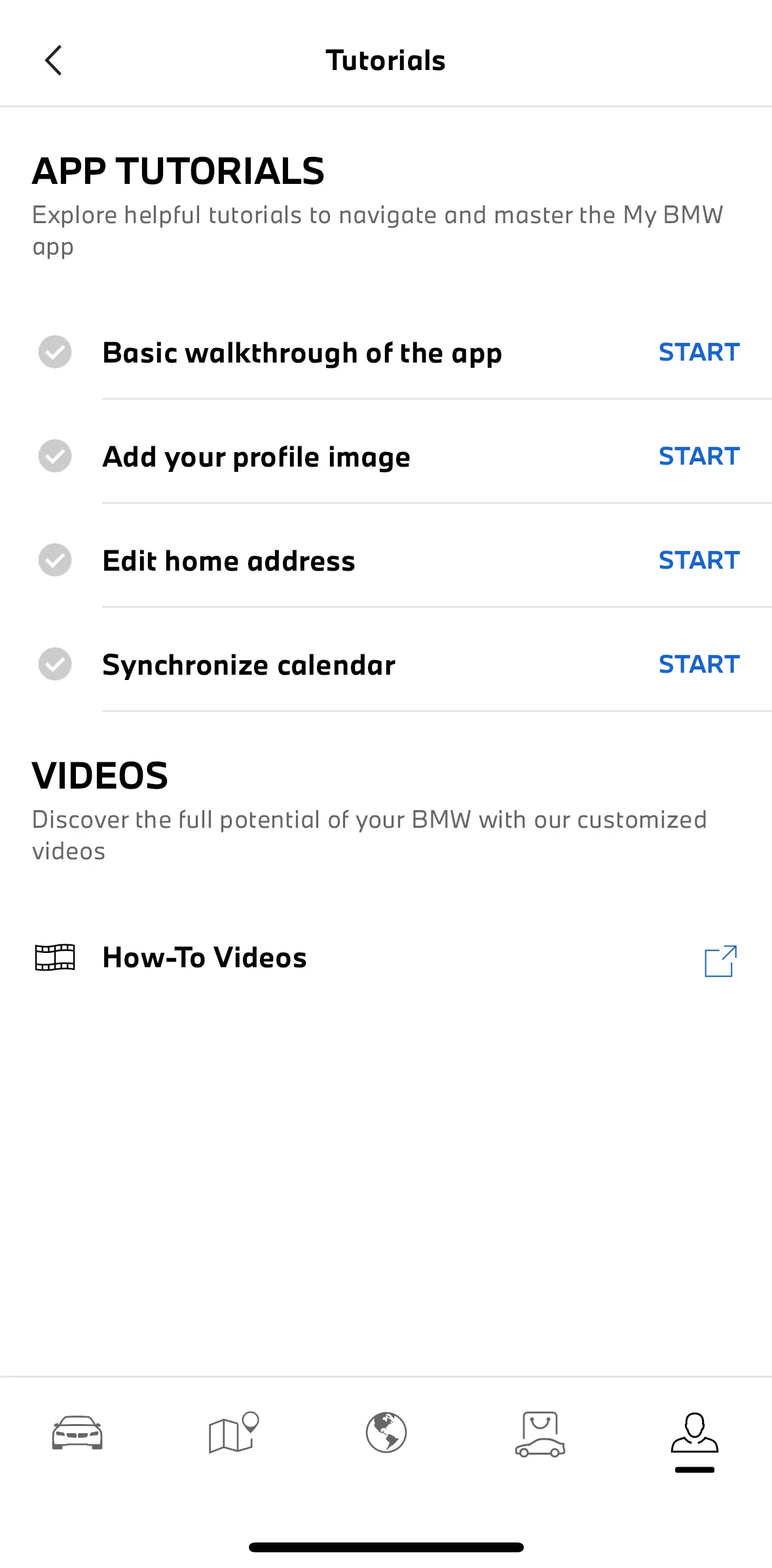 My BMW Screen screen in the Starting a tutorial flow