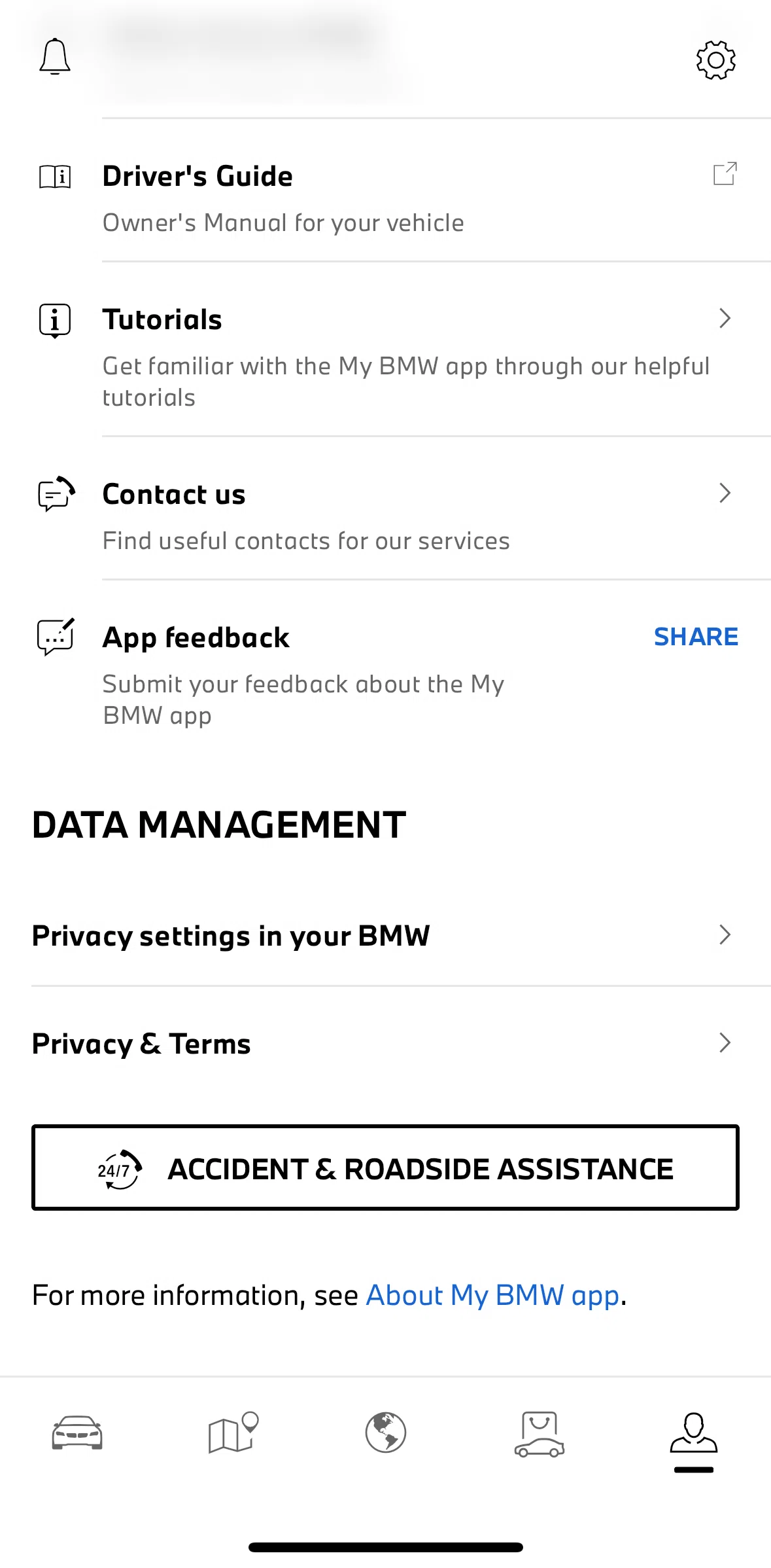 My BMW Screen screen in the Starting accident & roadside assistance flow