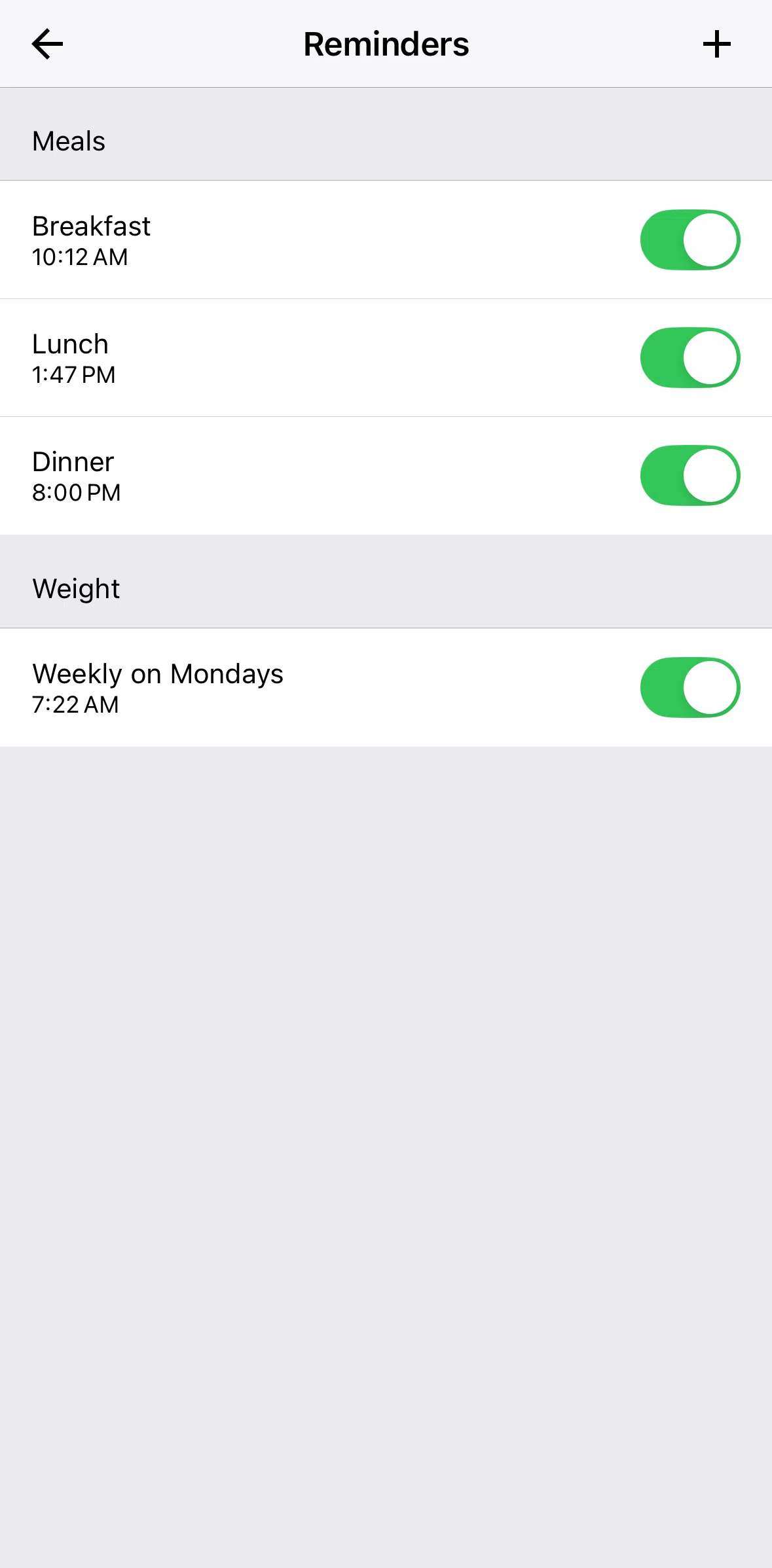 My Fitness Pal Screen 1 screen in the Adding a reminder flow